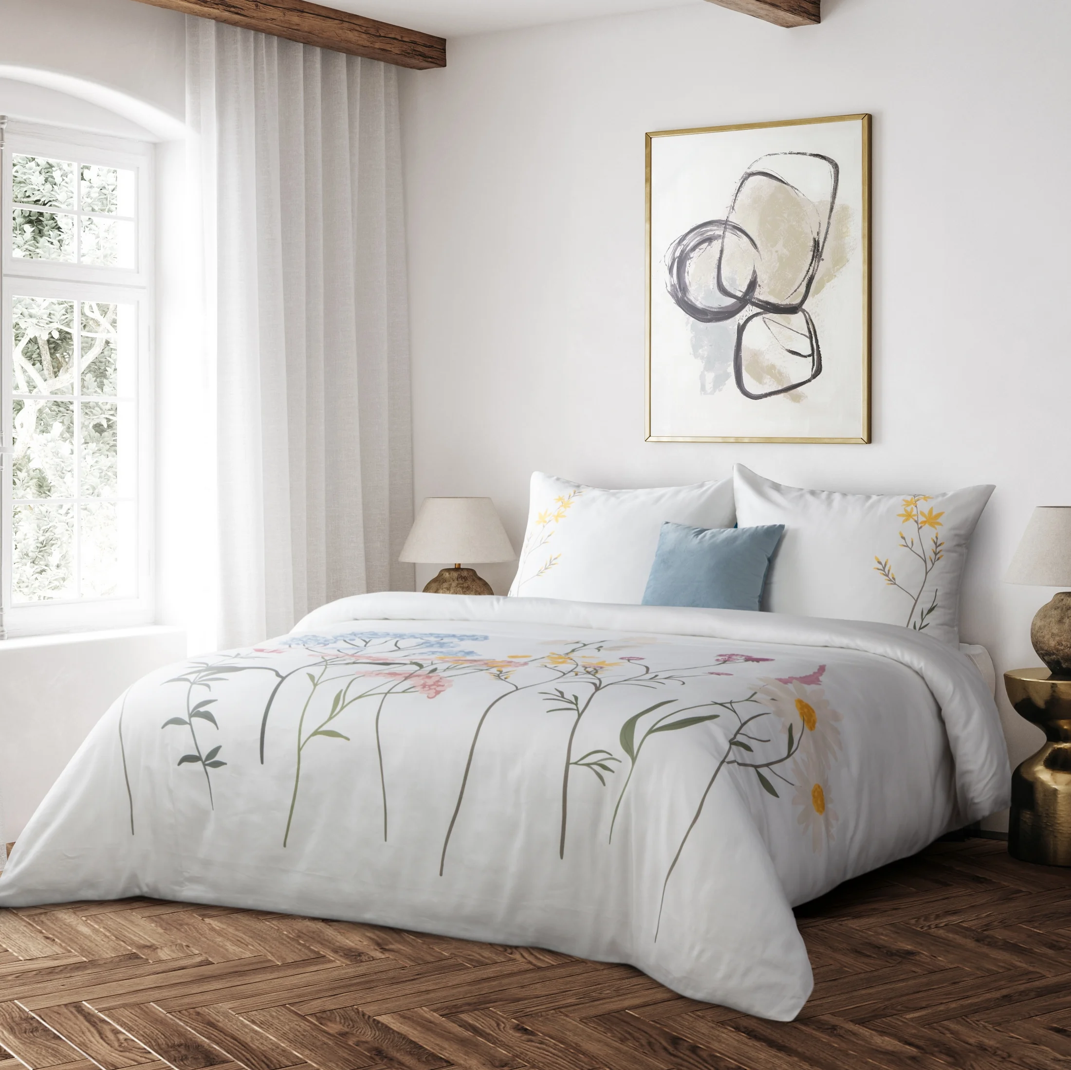 Ekskluzywna pościel 220x200 cm bawełniana kolor biały, jasnoszary z kwiatowym wzorem Reina Line | eurofirany