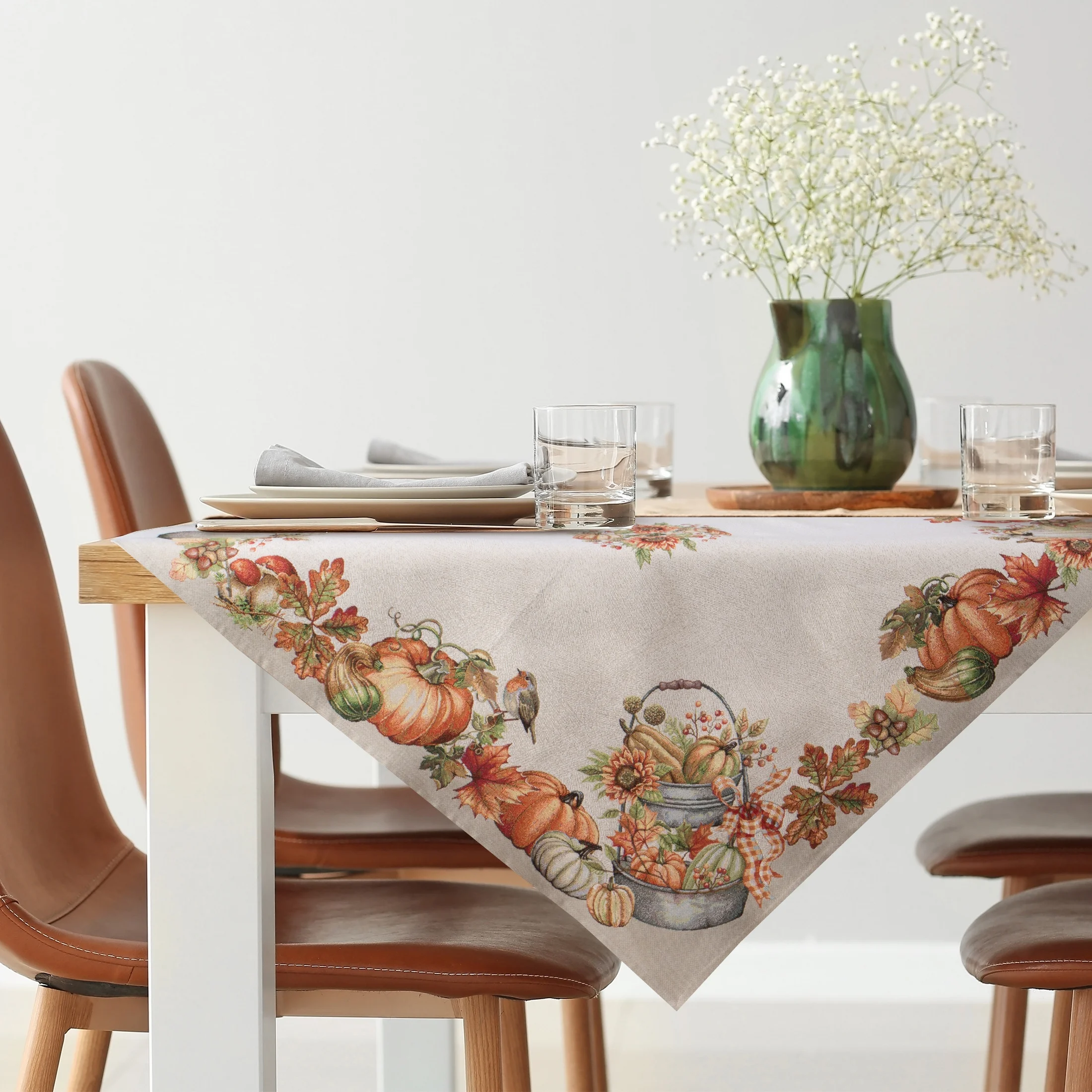 Obrus naturalno, pomarańczowy 100x100 cm gobelinowy zdobiony motywem dyń