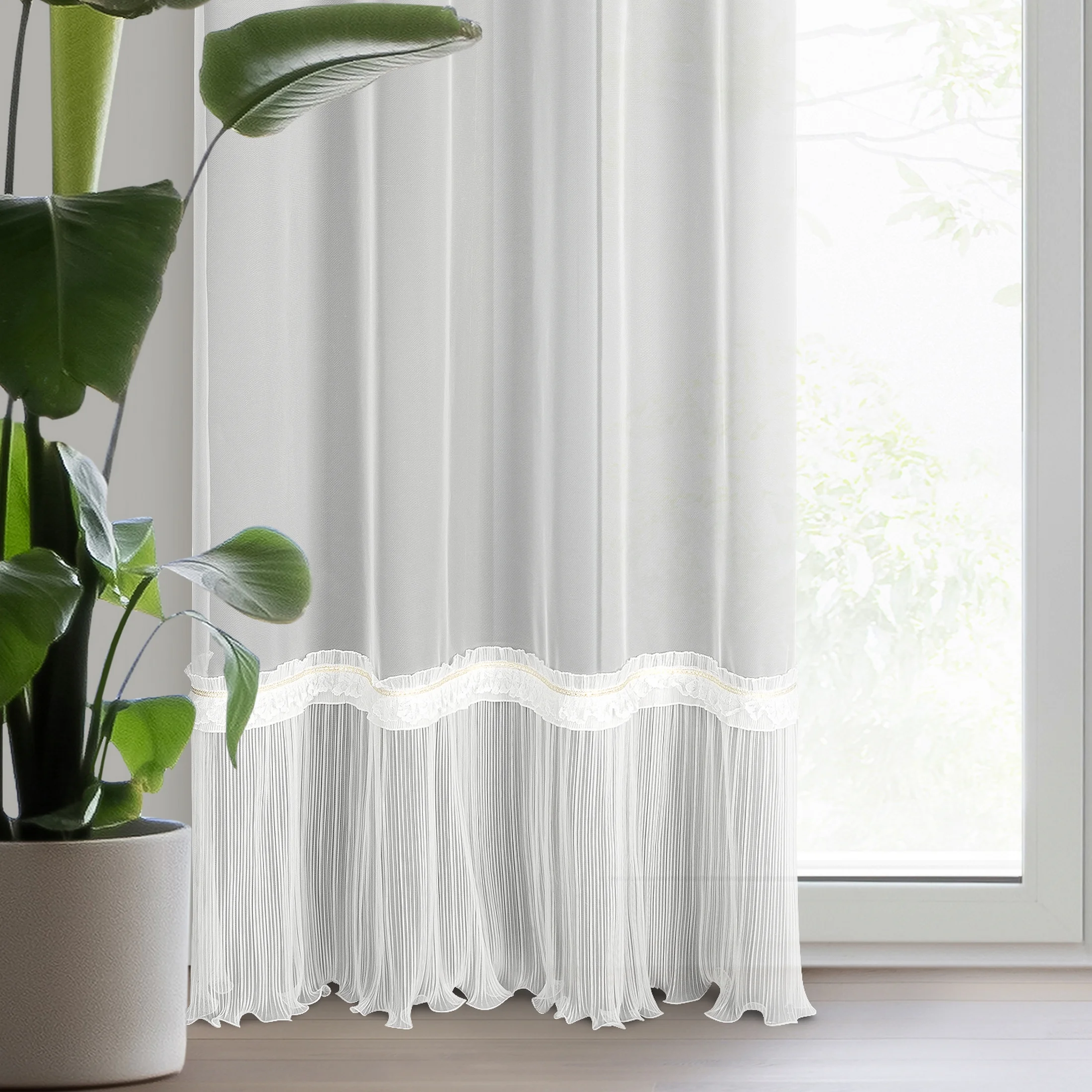 Firana biała z plisowaną falbaną i ozdobną koronką 140x250 cm przelotka MEGAN | eurofirany