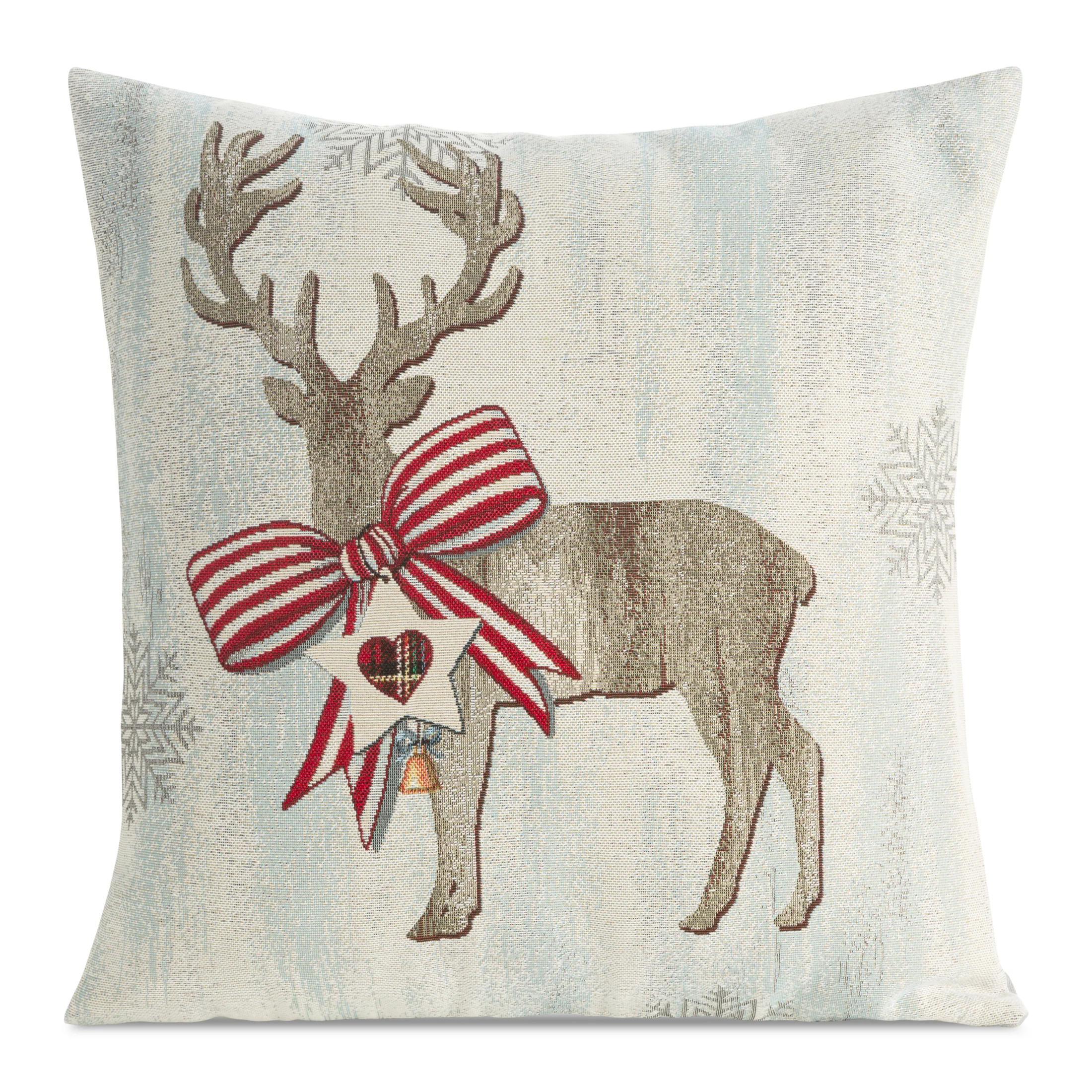Poszewka na poduszkę 45x45 cm bawełniana, gobelinowa naturalno, beżowa z mieszanki włókien zdobiona motywem renifera GOB | eurofirany
