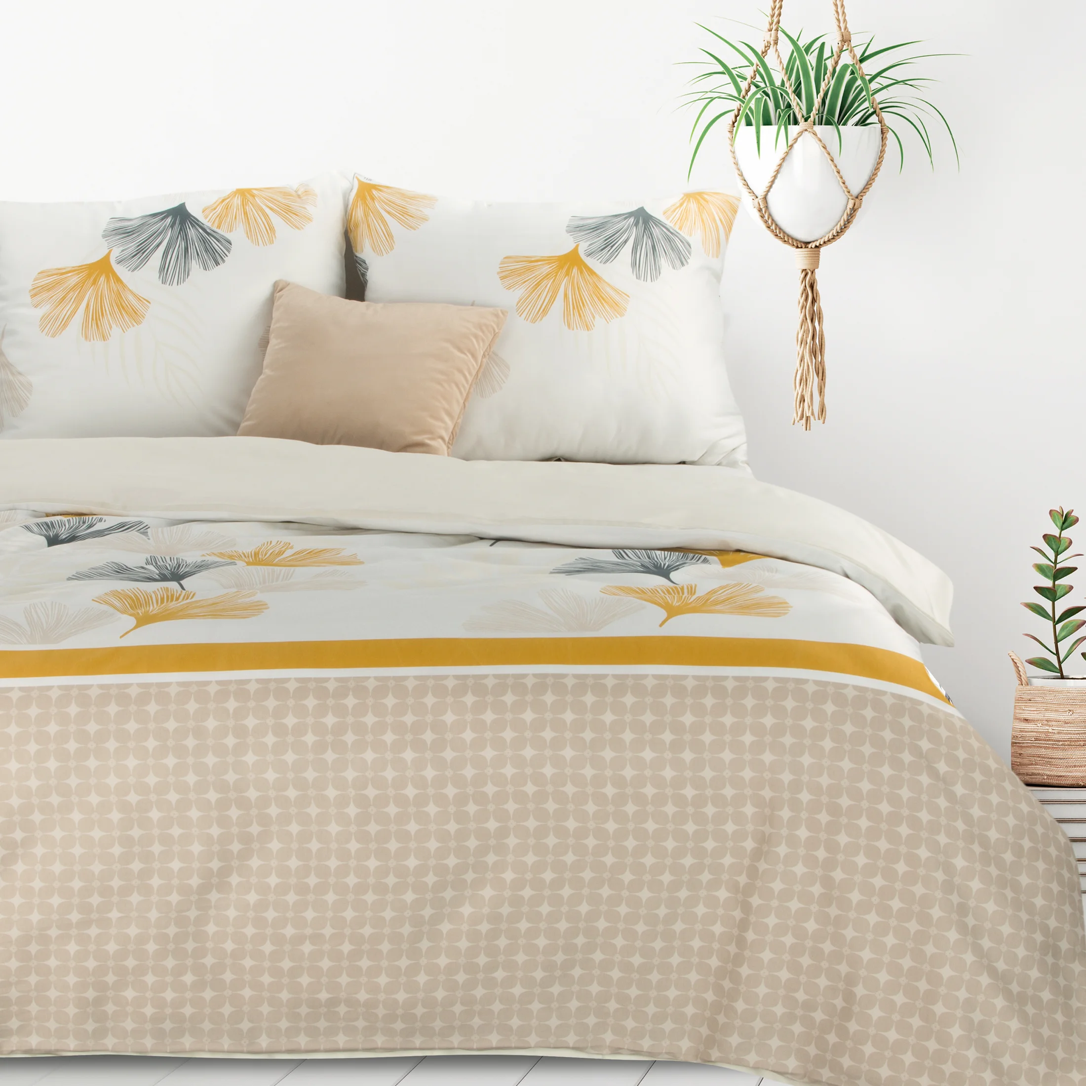 Pościel 220x200 cm z mieszanki włókien kolor biały, beżowy z motywem liści miłorzębu LEA7 Design 91 | eurofirany