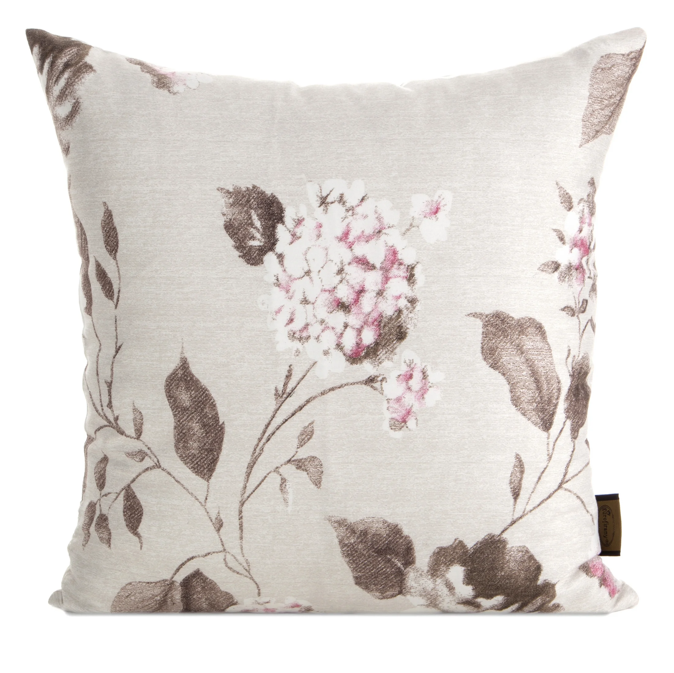 Poszewka na poduszkę 40x40 cm z satyny bawełnianej kolor beżowy, jasnobrązowy zdobiona nadrukiem kwiatów SPRING 45 | eurofirany