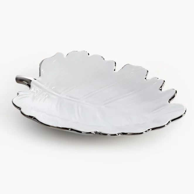 Patera ceramiczna dekoracyjna biało-srebrna  w kształcie liścia 20x15x4 cm ALMA 3