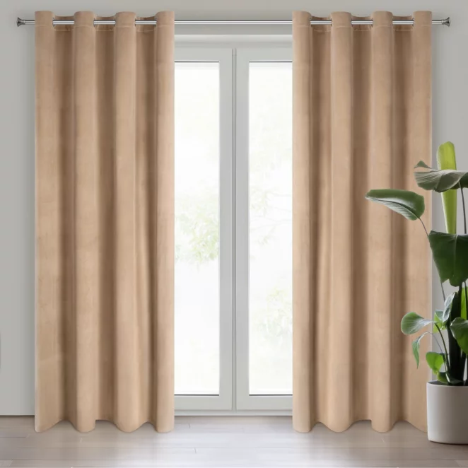 Komplet 2 szt. zasłon ciemnobeżowych z welwetowej tkaniny 140x250 cm przelotki - DARLA