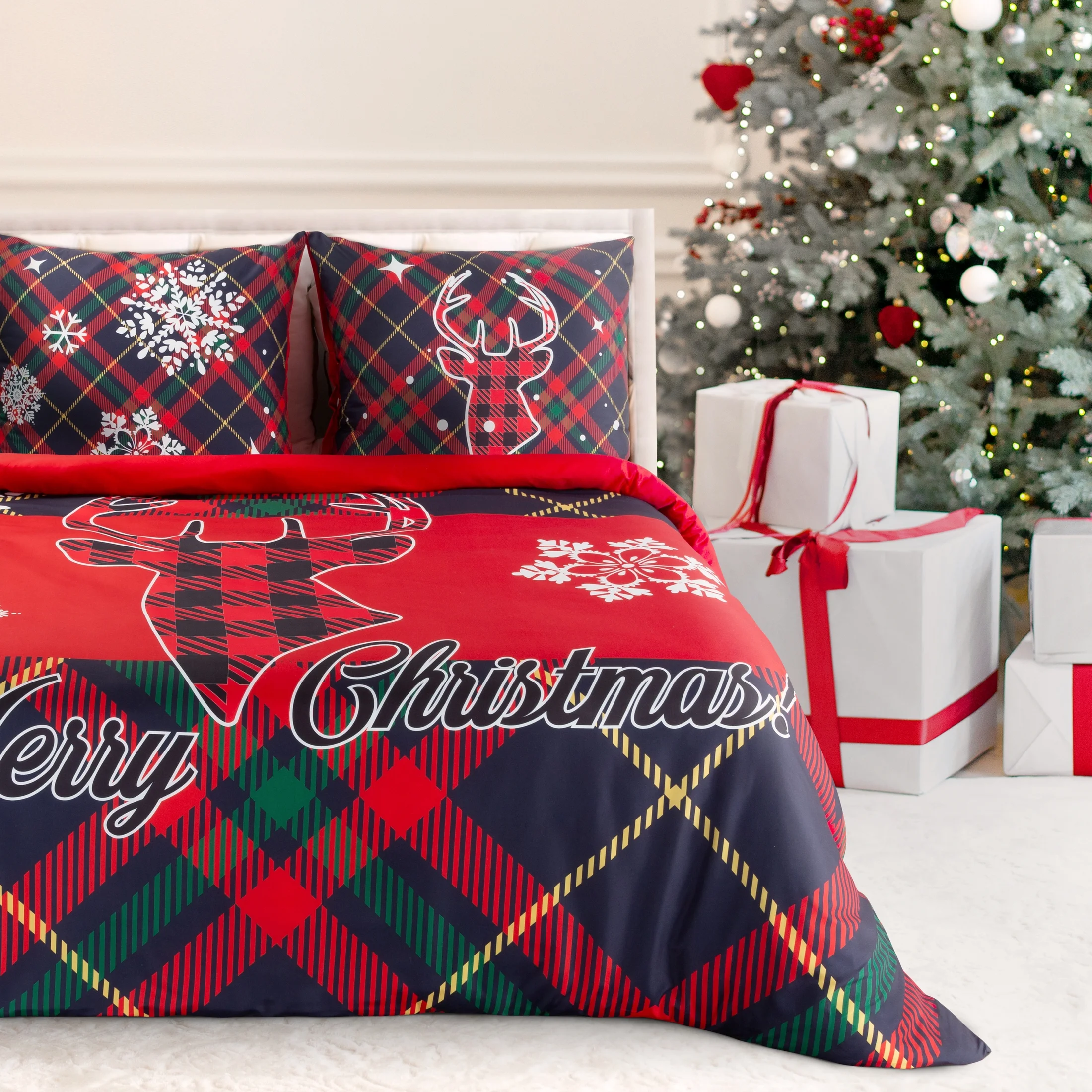 Pościel świąteczna 220x200 cm kolor czerwony, ciemnogranatowy z motywem kraty DASHER |