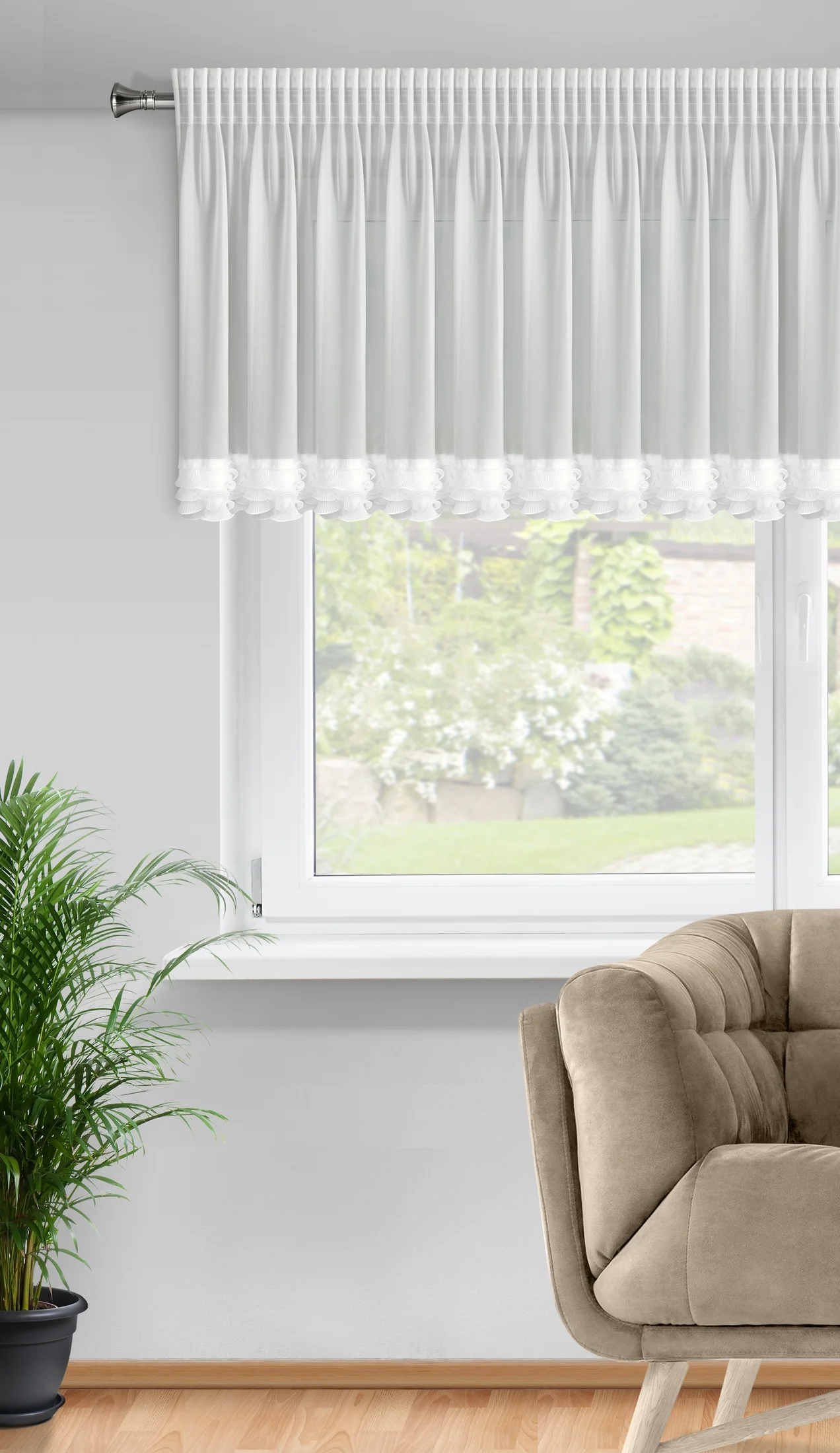 Firana biała z szyfonu zdobiona falbanką 200x70 cm taśma - LUISA