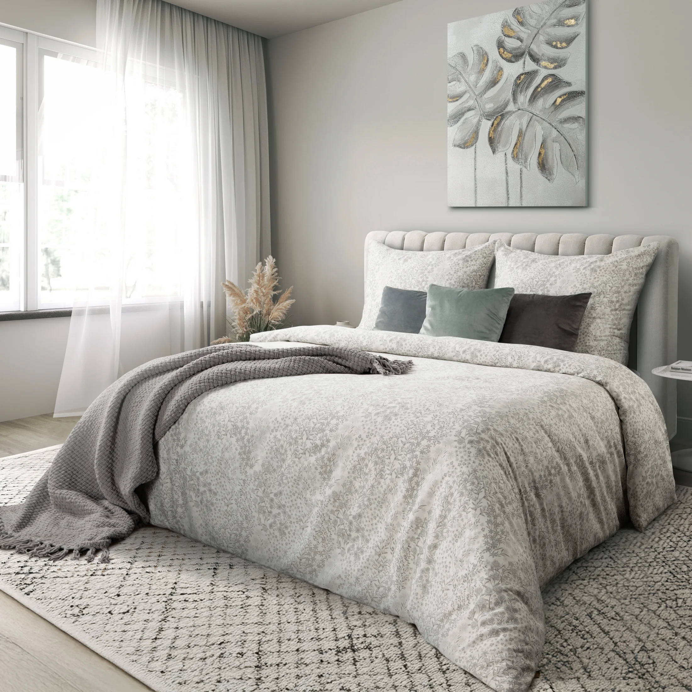 Pościel 220x200 cm bawełniana kolor szary, biały z delikatnym wzorem roślinnym SPRING 59 | eurofirany