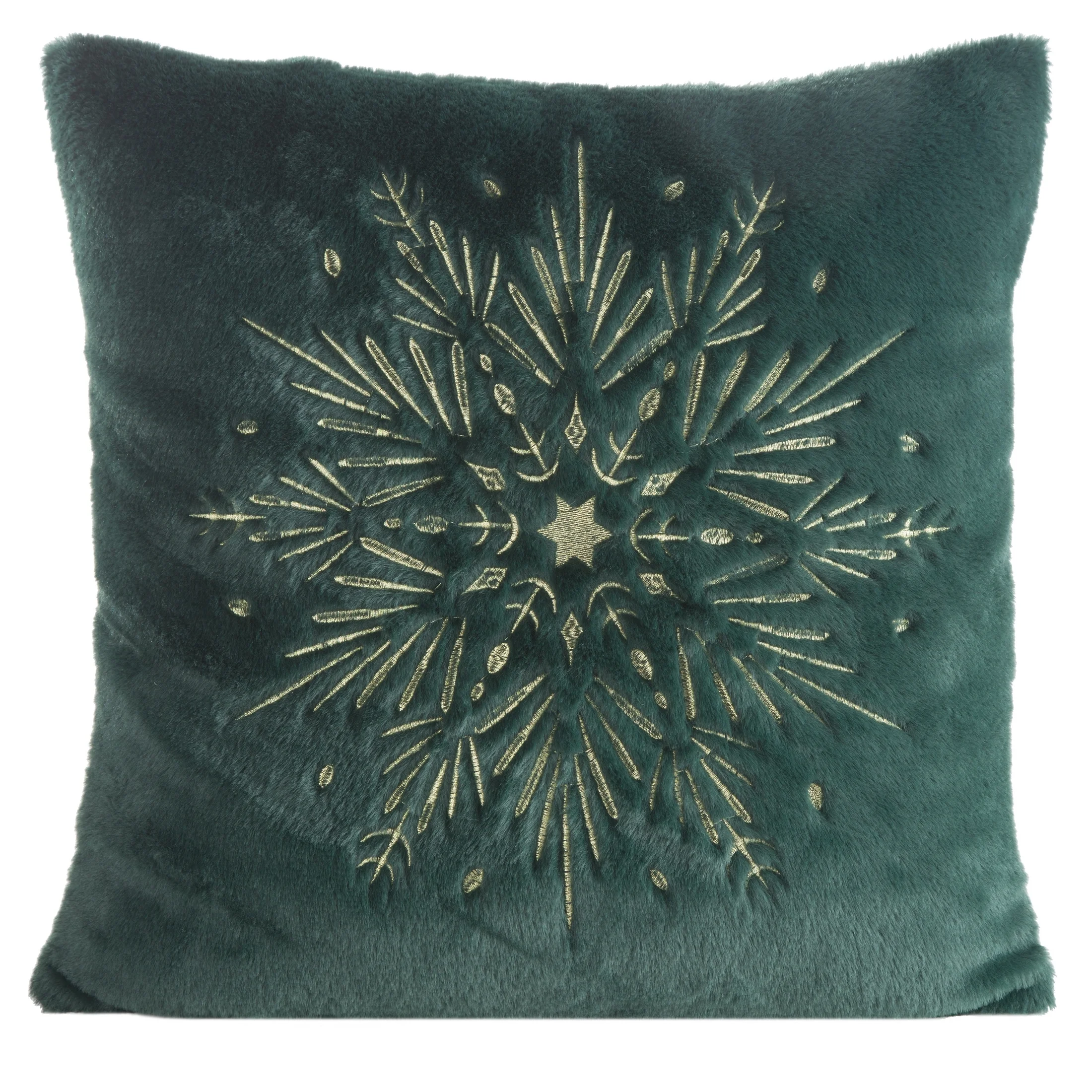 Poszewka na poduszkę świąteczna 45x45 cm ciemnozielono, szampańska z przyjemnego futerka zdobiona haftem śnieżynki | eurofirany