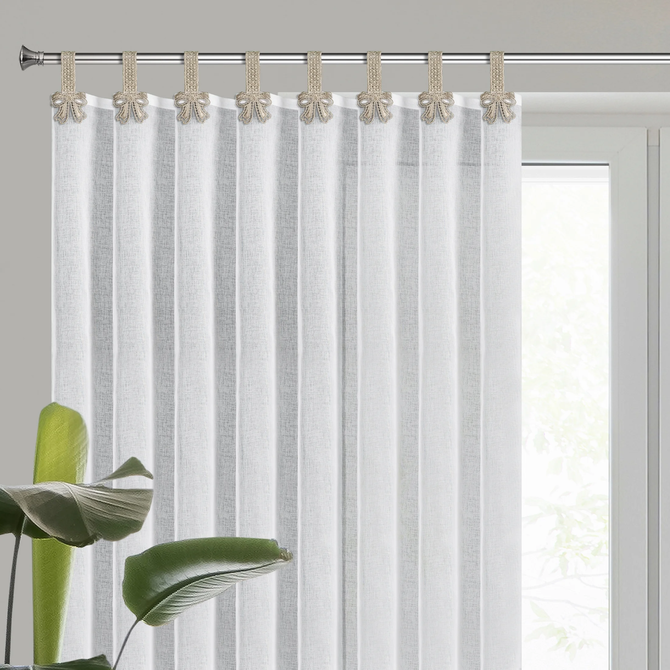 Firana biało, beżowa zdobiona kokardkami 140x250 cm szelki MELISA | eurofirany