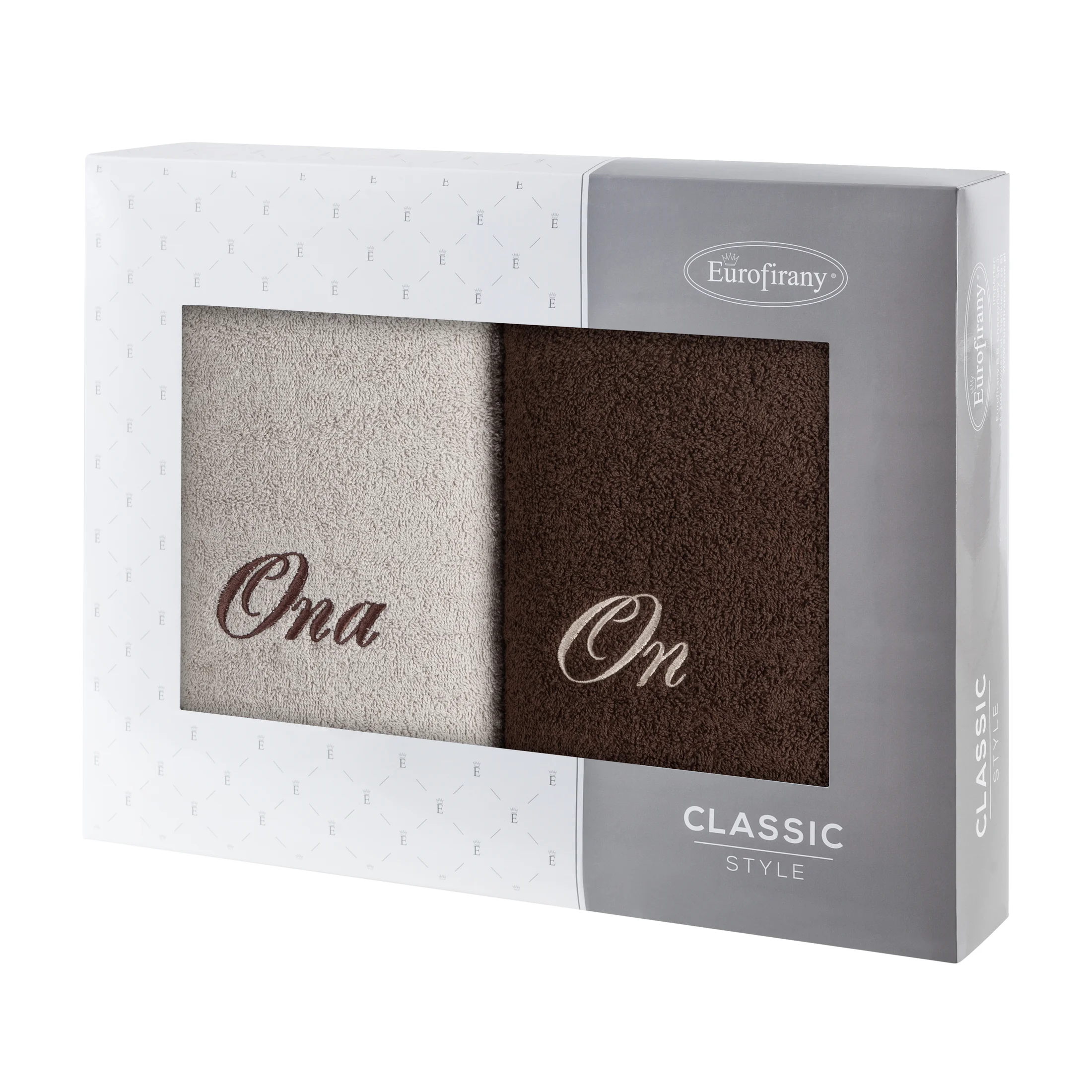 Zestaw ręczników bawełnianych na prezent 2 szt 70x140 cm z haftem ONA I ON kolor beżowy,brązowy 400 g/m2