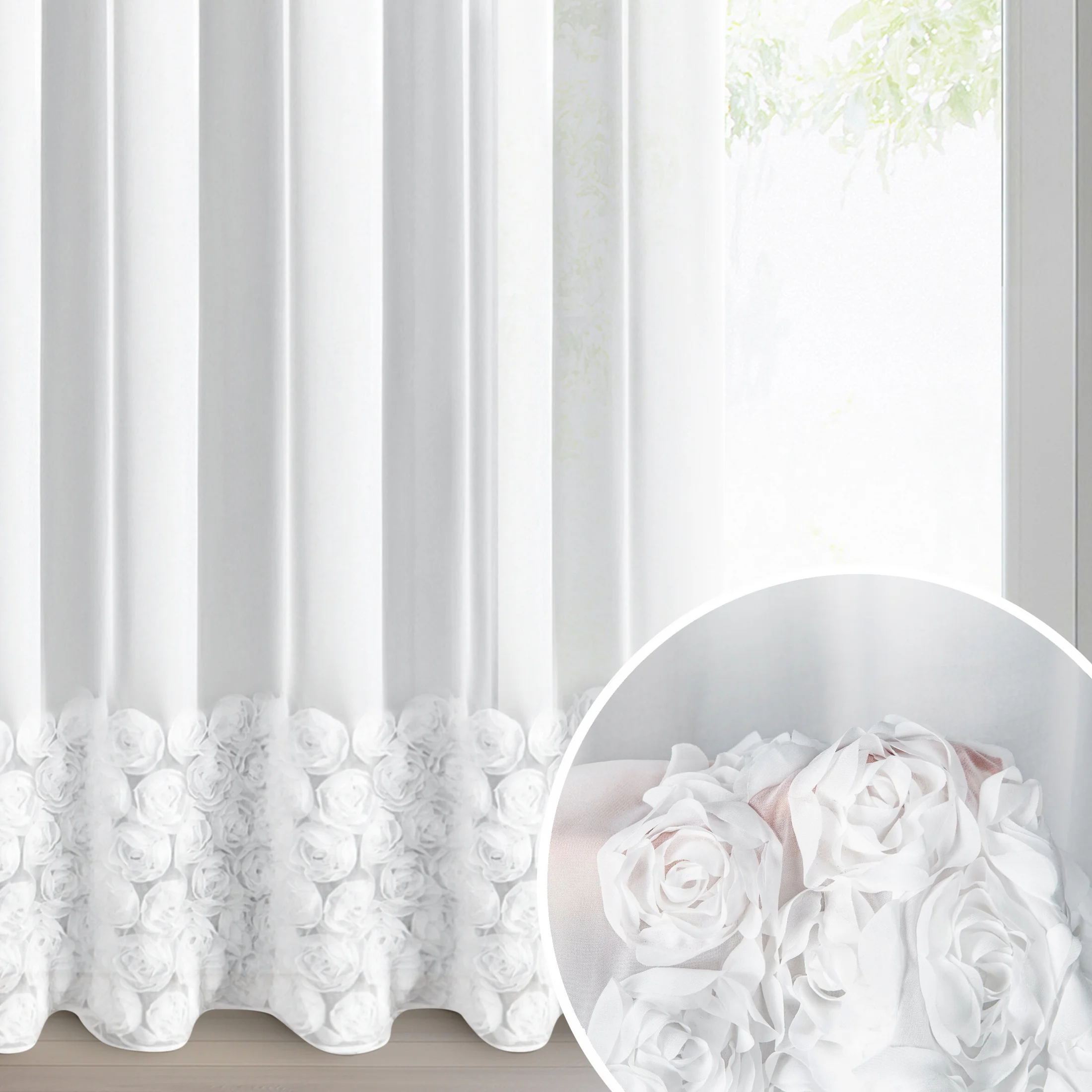 Firana biała z szyfonu zdobiona aplikacją 3D w róże 350x250 cm przelotka - ROSES - Eva Minge | eurofirany