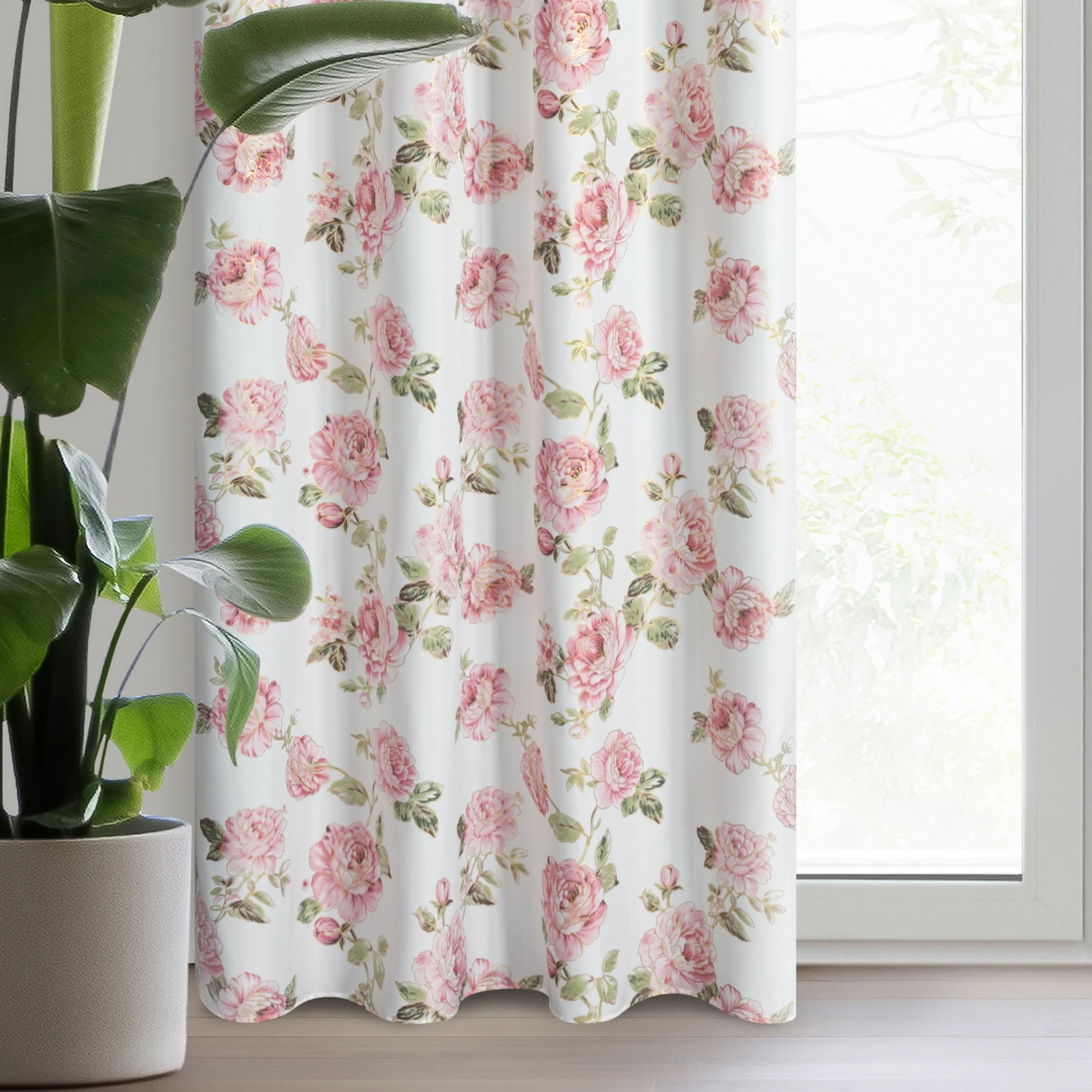 Zasłona biało, różowa zdobiona nadrukiem kwiatów 140x250 cm przelotka AVANI | eurofirany