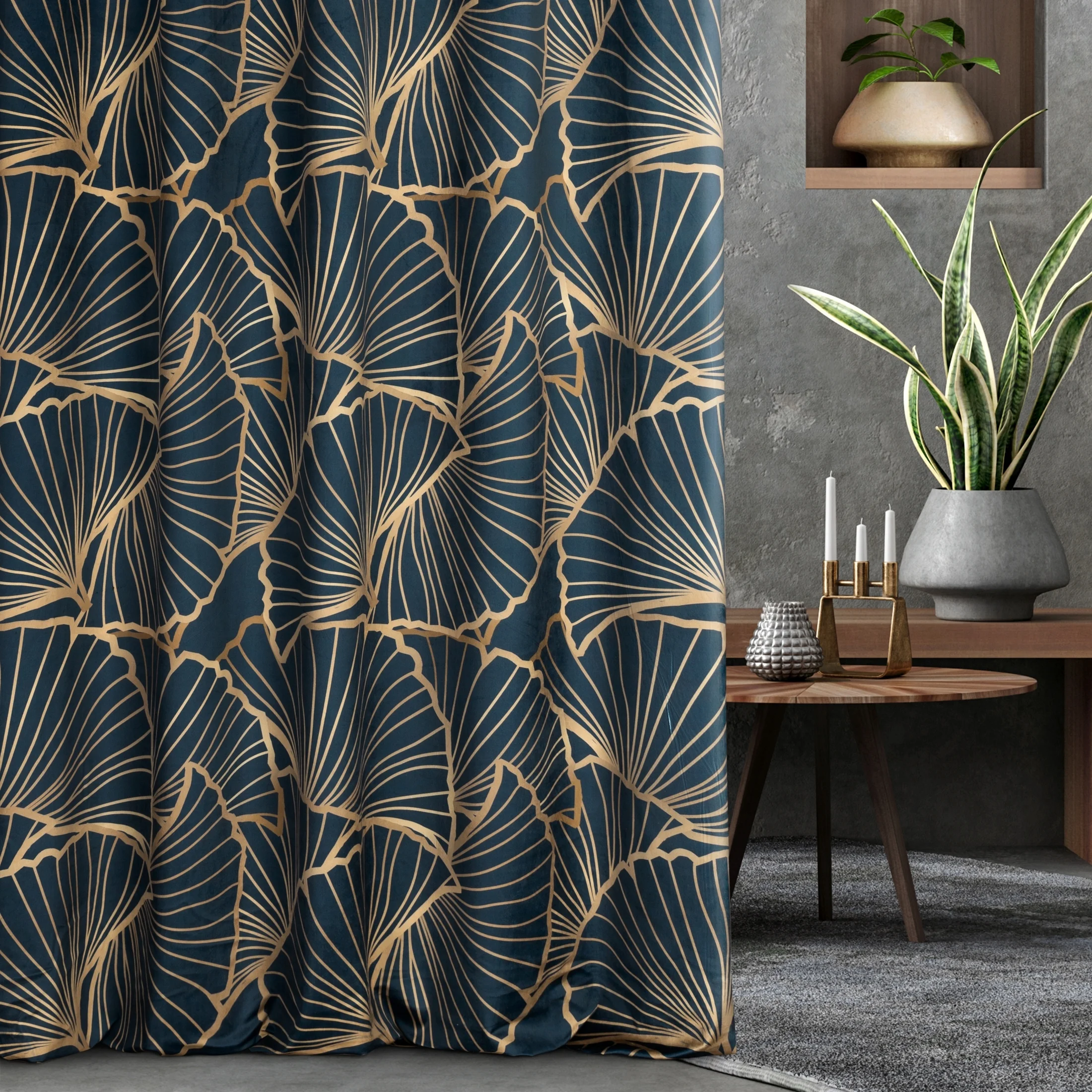 Tkanina zasłonowa miękki welwet, ze złotym nadrukiem liści miłorzębu