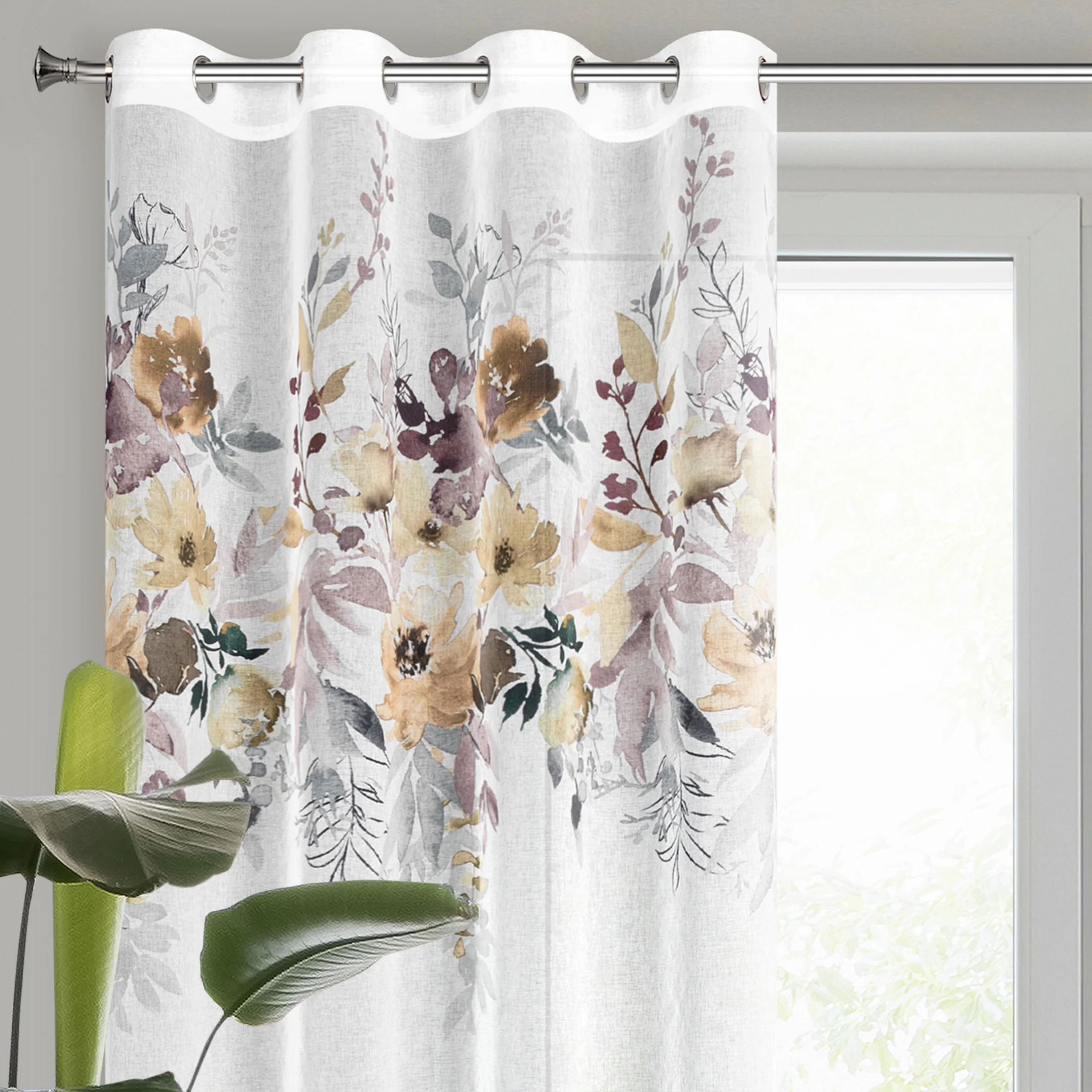 Dekoracja okienna biało, żółta z nadrukiem kwiatów, z lekkiej, półprzezroczystej etaminy 140x250 cm przelotka - GRETA - Design 91 | eurofirany