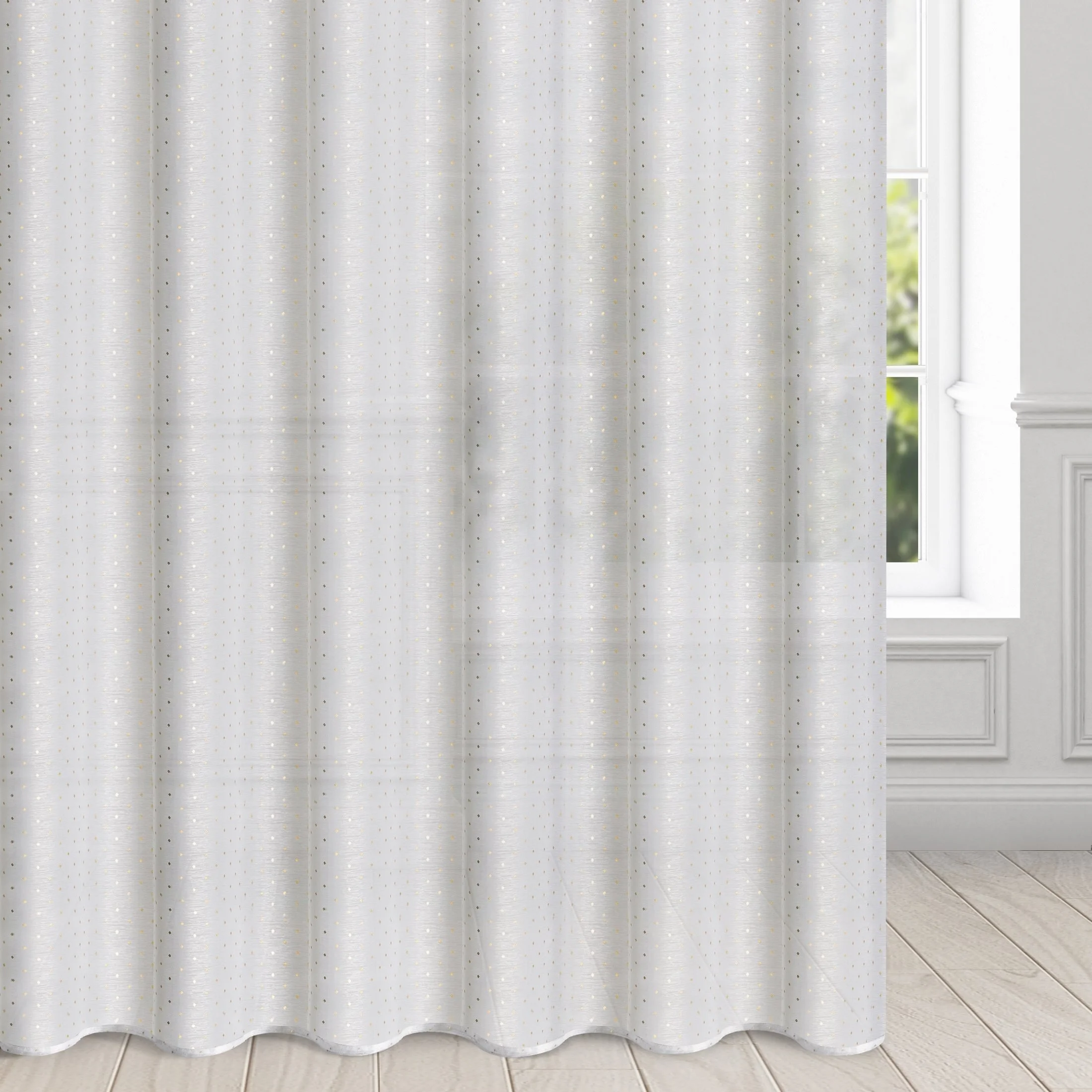 Firana biała z jasnozłotym nadrukiem drobnych kwadracików 300x250 cm taśma SIBEL | eurofirany