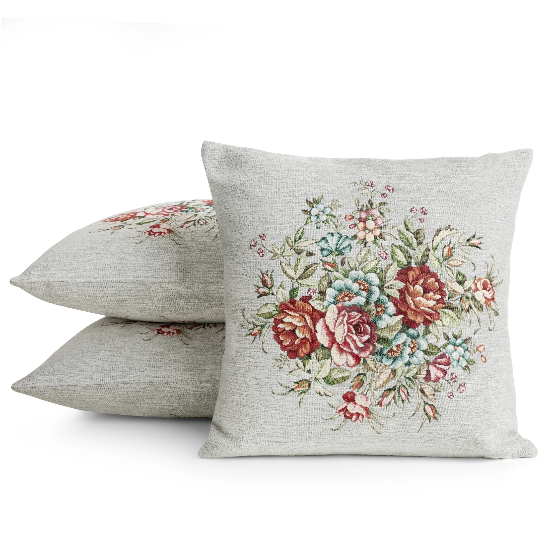 Poszewka na poduszkę 45x45 cm z tkaniny gobelinowej z szenilową nicią z motywem kwiatów szarobeżowa, czerwona