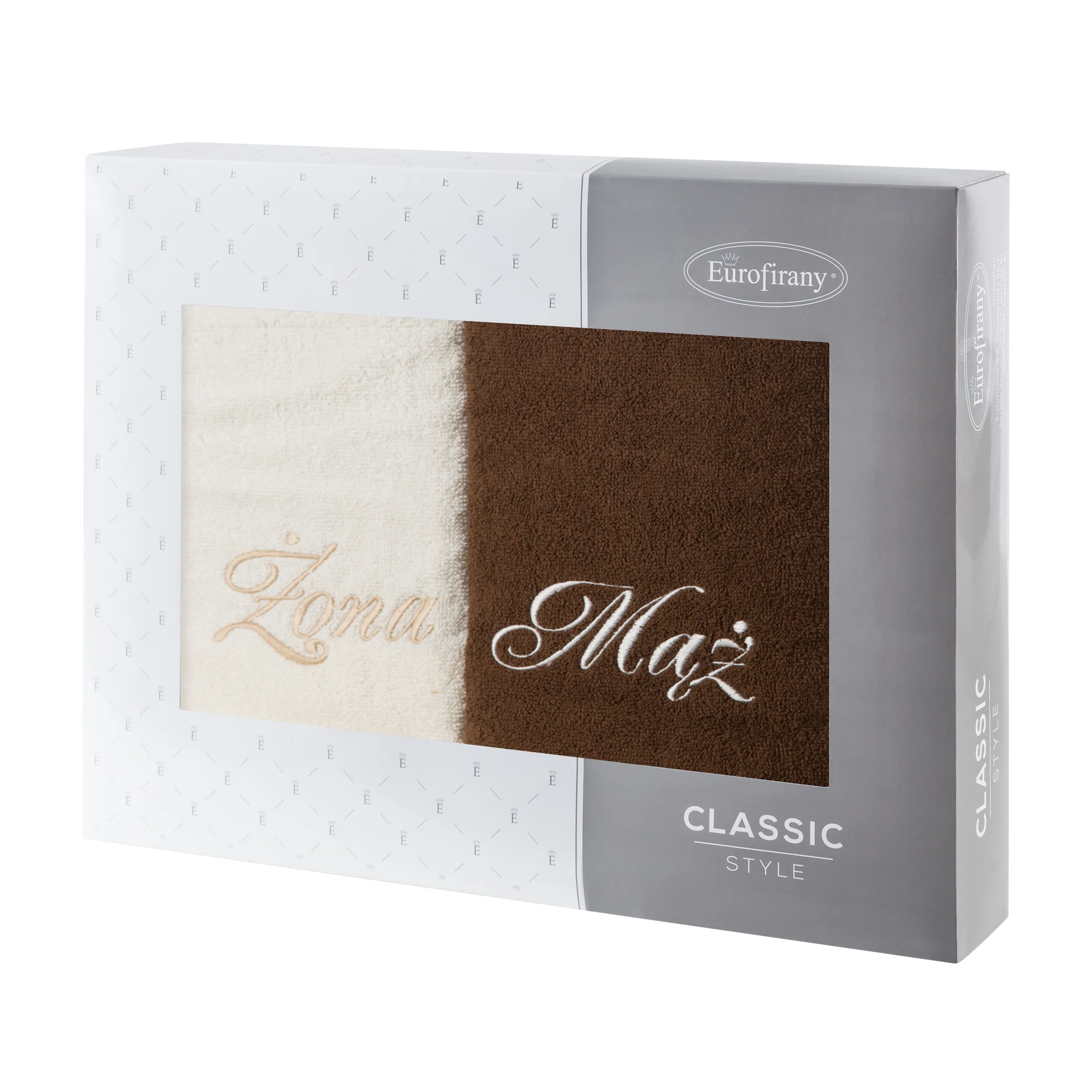 Zestaw ręczników bawełnianych na prezent 2 szt 50x90 cm z haftem Żona i Mąż kolor kremowy,brązowy 400 g/m2