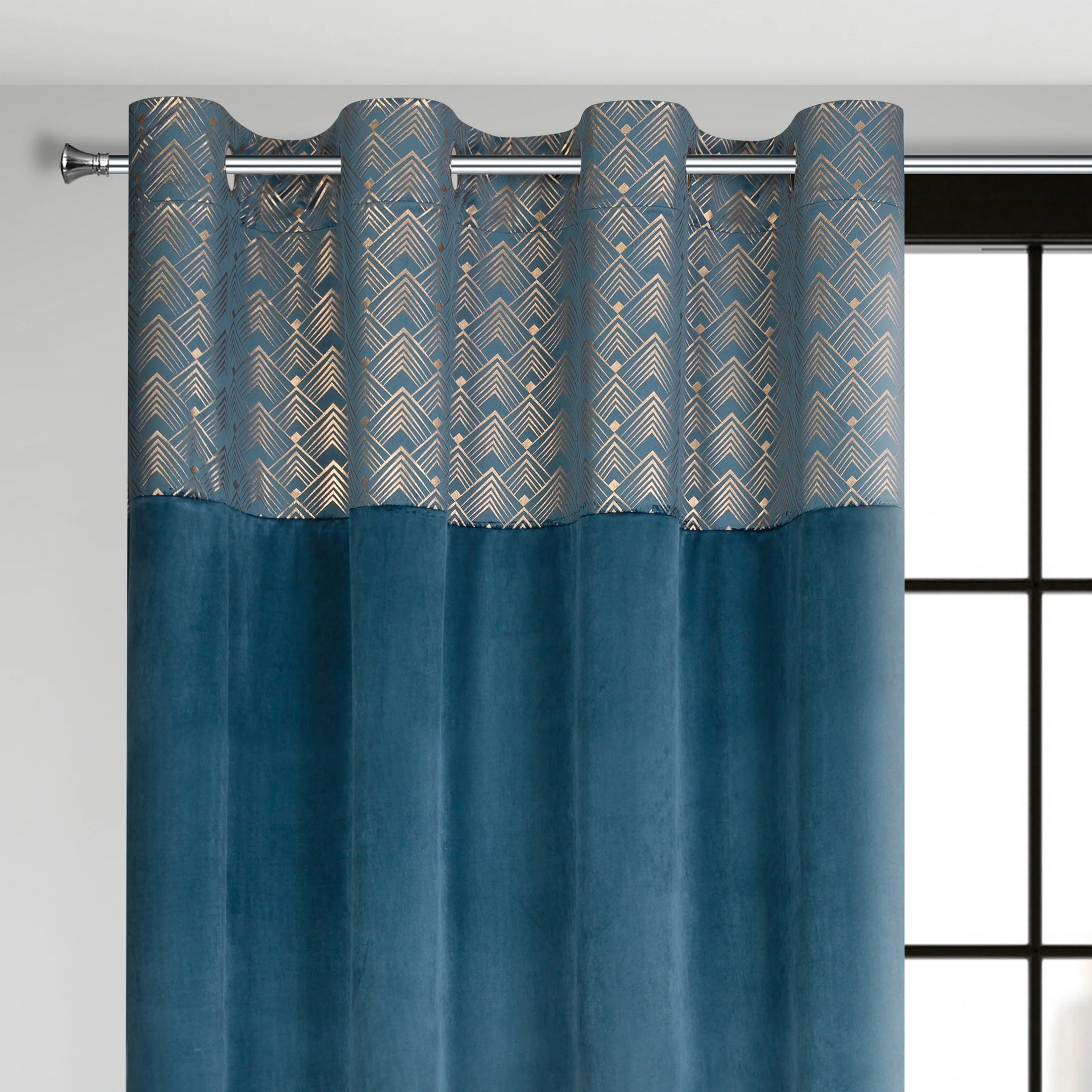 Zasłona niebieska ze złotym wzorem z błyszczącego welwetu 140x250 cm przelotka - ELEN | eurofirany