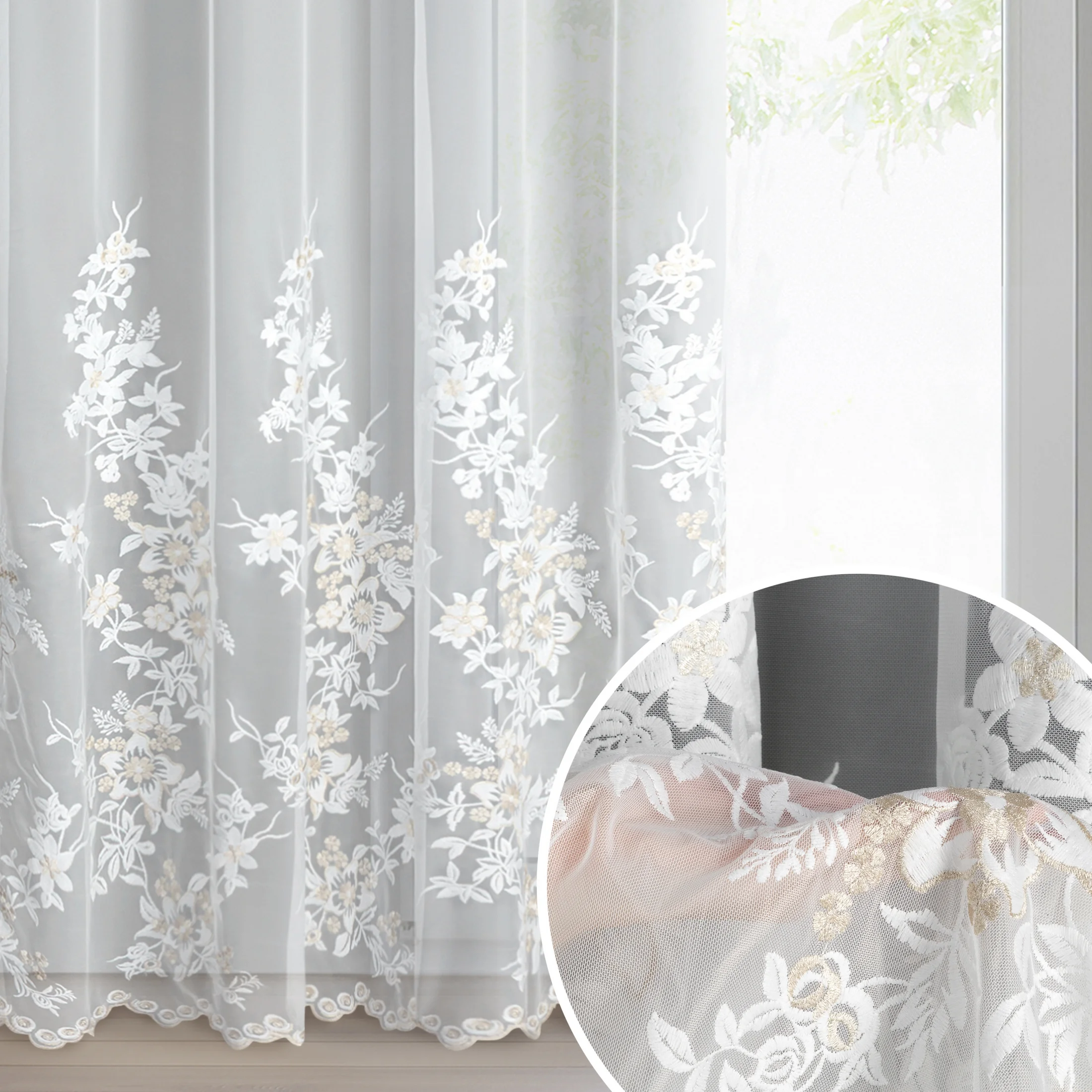 Firana kremowo z siateczki zdobiona haftem z dodatkiem szampańskiej nici 140x250 cm przelotka - ALIRA | eurofirany