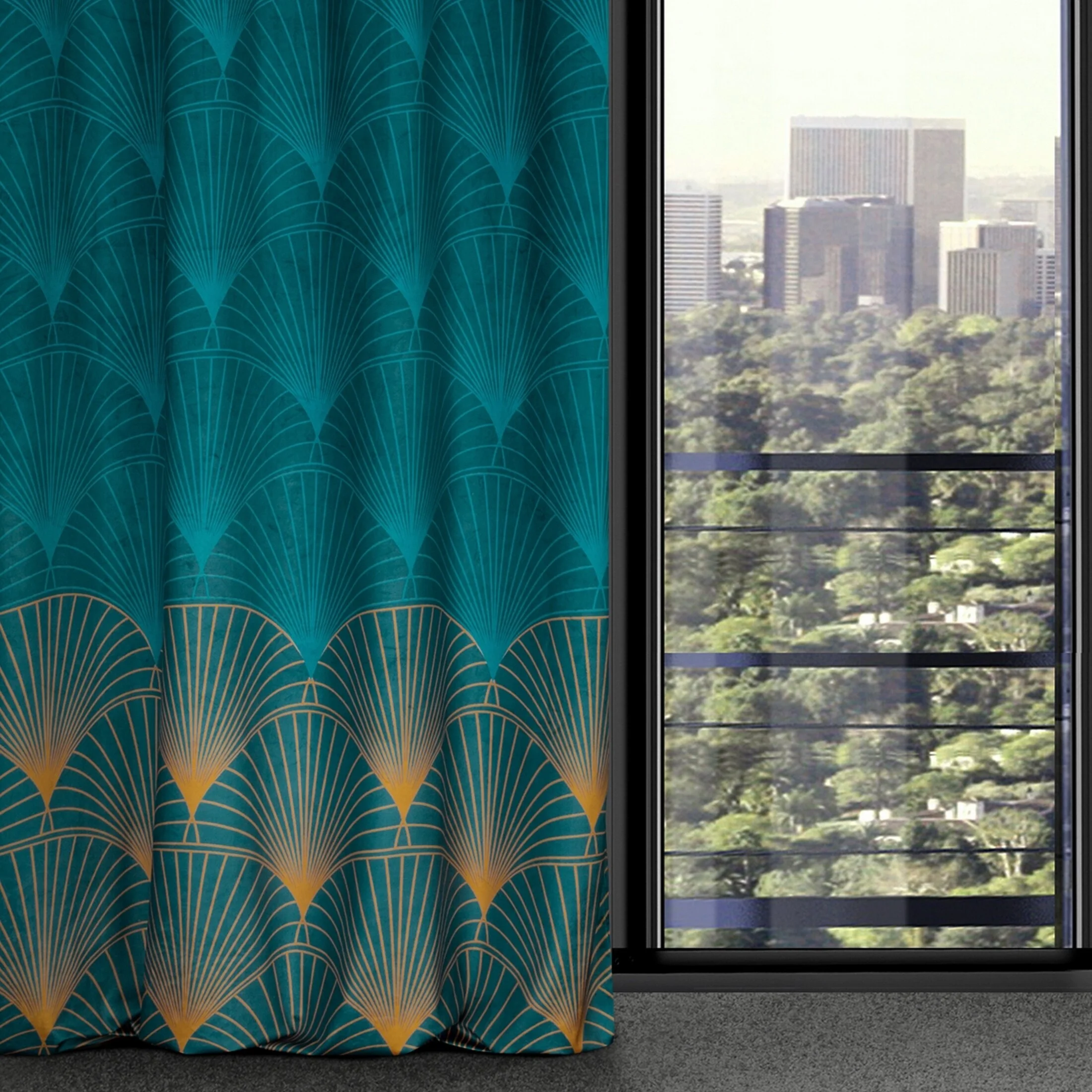 Zasłona turkusowa ze złotym wzorem z welwetu 140x250 cm przelotka - L OTOS 1 - Limited Collection | eurofirany