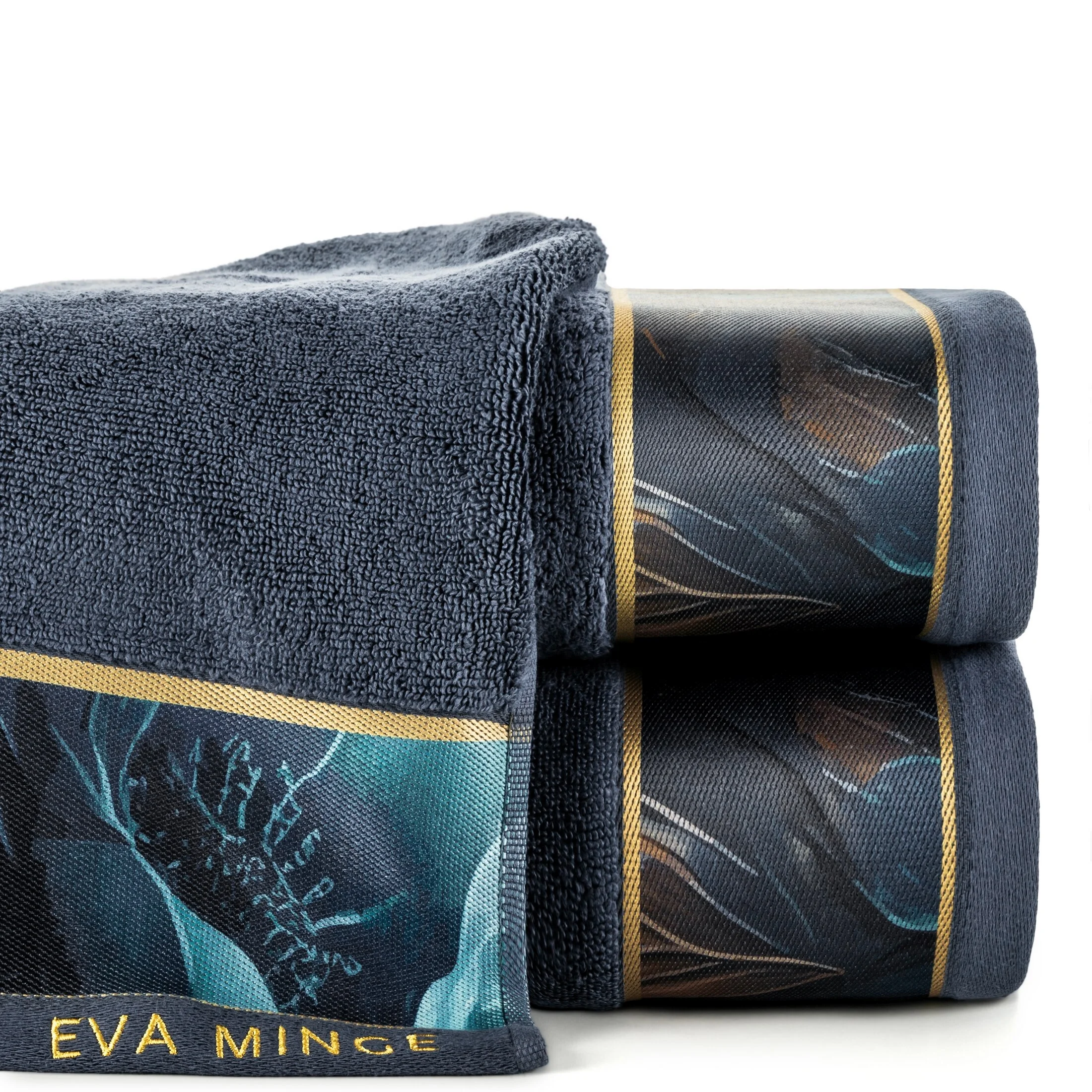 Ręcznik kąpielowy 50x90 cm bawełniany kolor stalowy,niebieski z designerską bordiurą 500 g/m2 Eva Minge