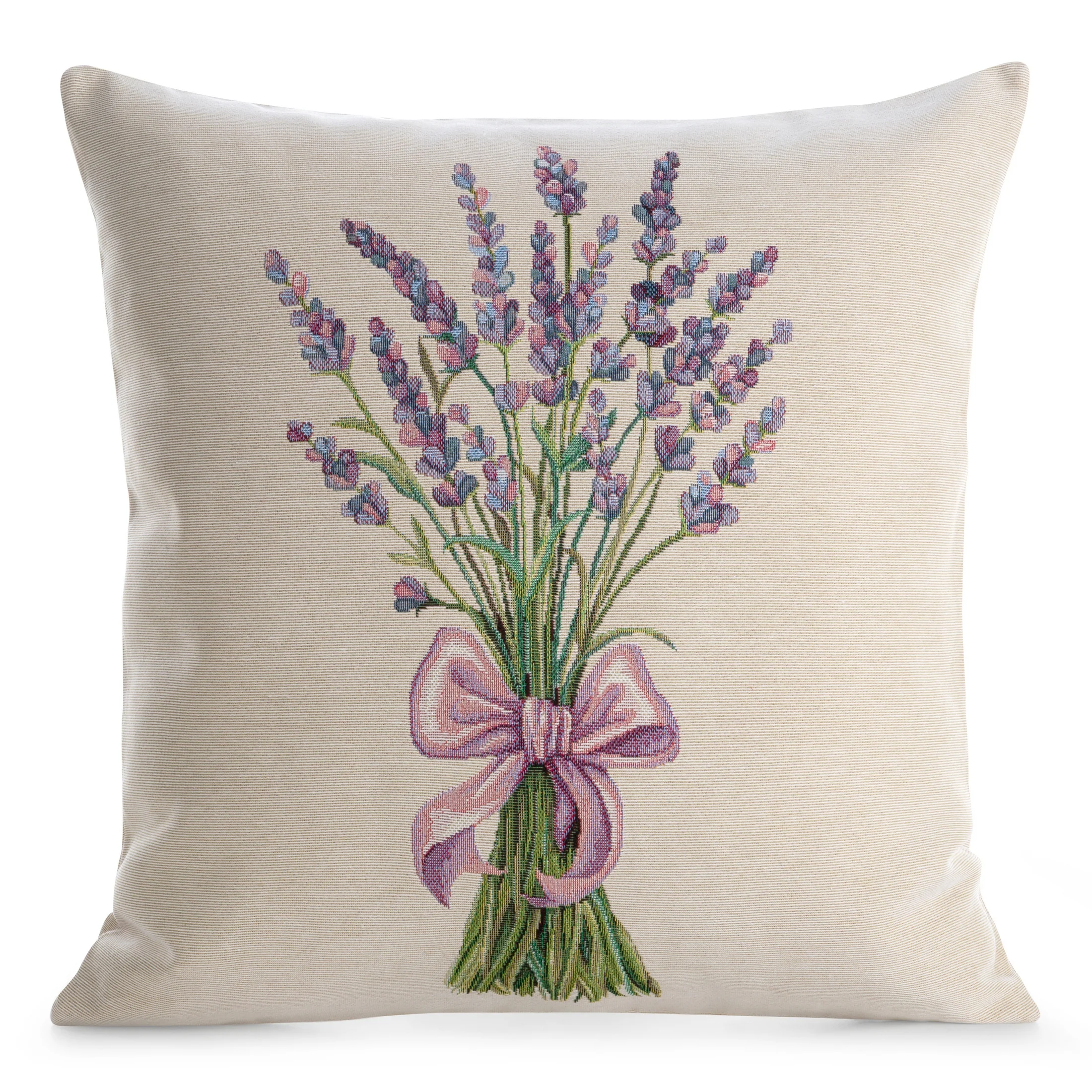 Poszewka na poduszkę 45x45 cm bawełniana, gobelinowa naturalno, zielona z motywem lawendy GOBELIN | eurofirany
