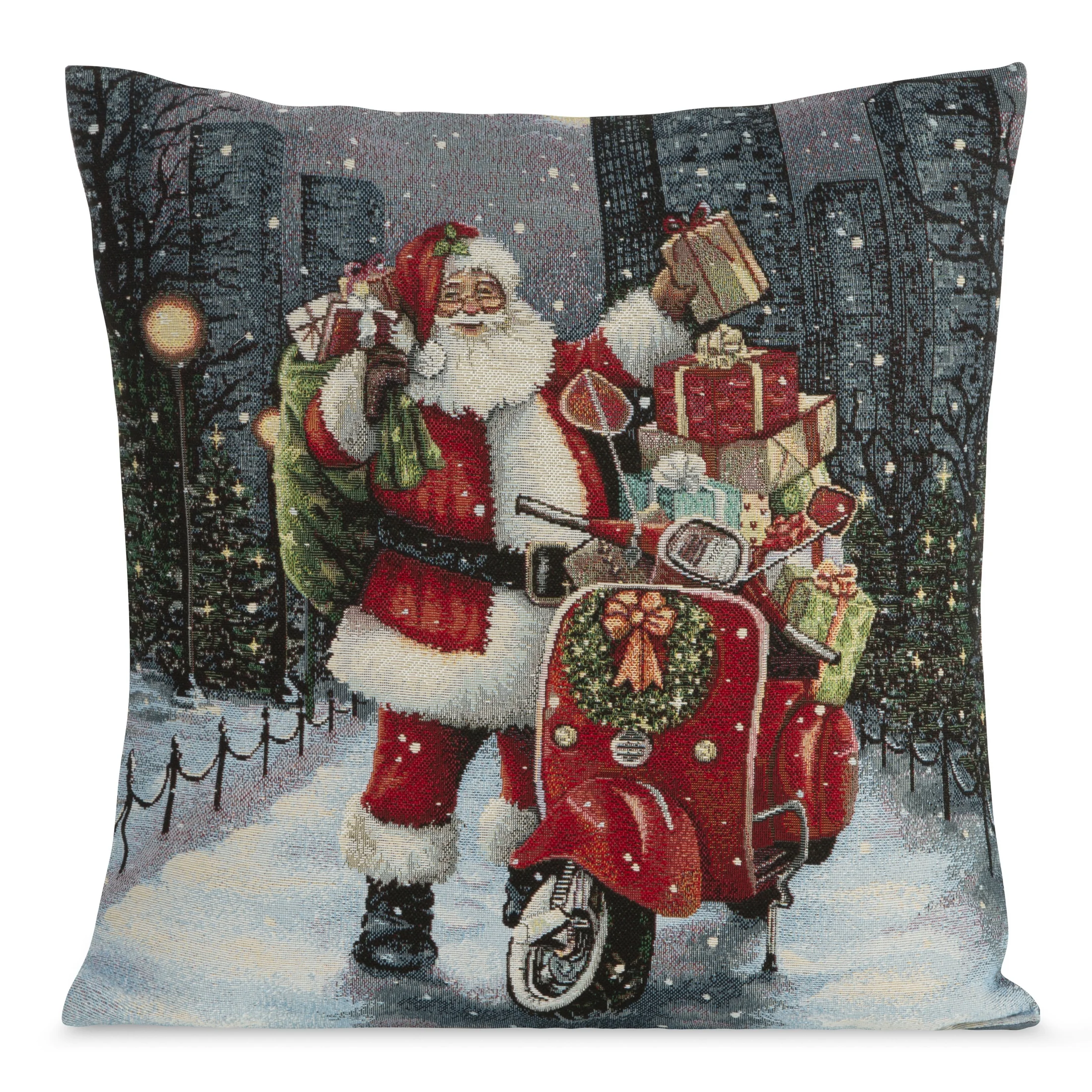 Poszewka na poduszkę 45x45 cm bawełniana, gobelinowa popielato, czerwona zdobiona nadrukiem Mikołaja z prezentami GOB | 