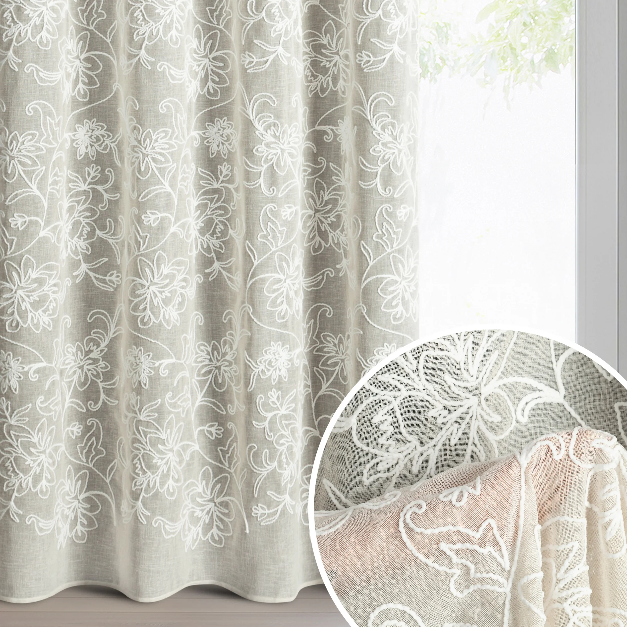 Zasłona beżowa z tkaniny o naturalnym wyglądzie zdobiona szenilowym haftem 140x250 cm przelotki - LILY | eurofirany