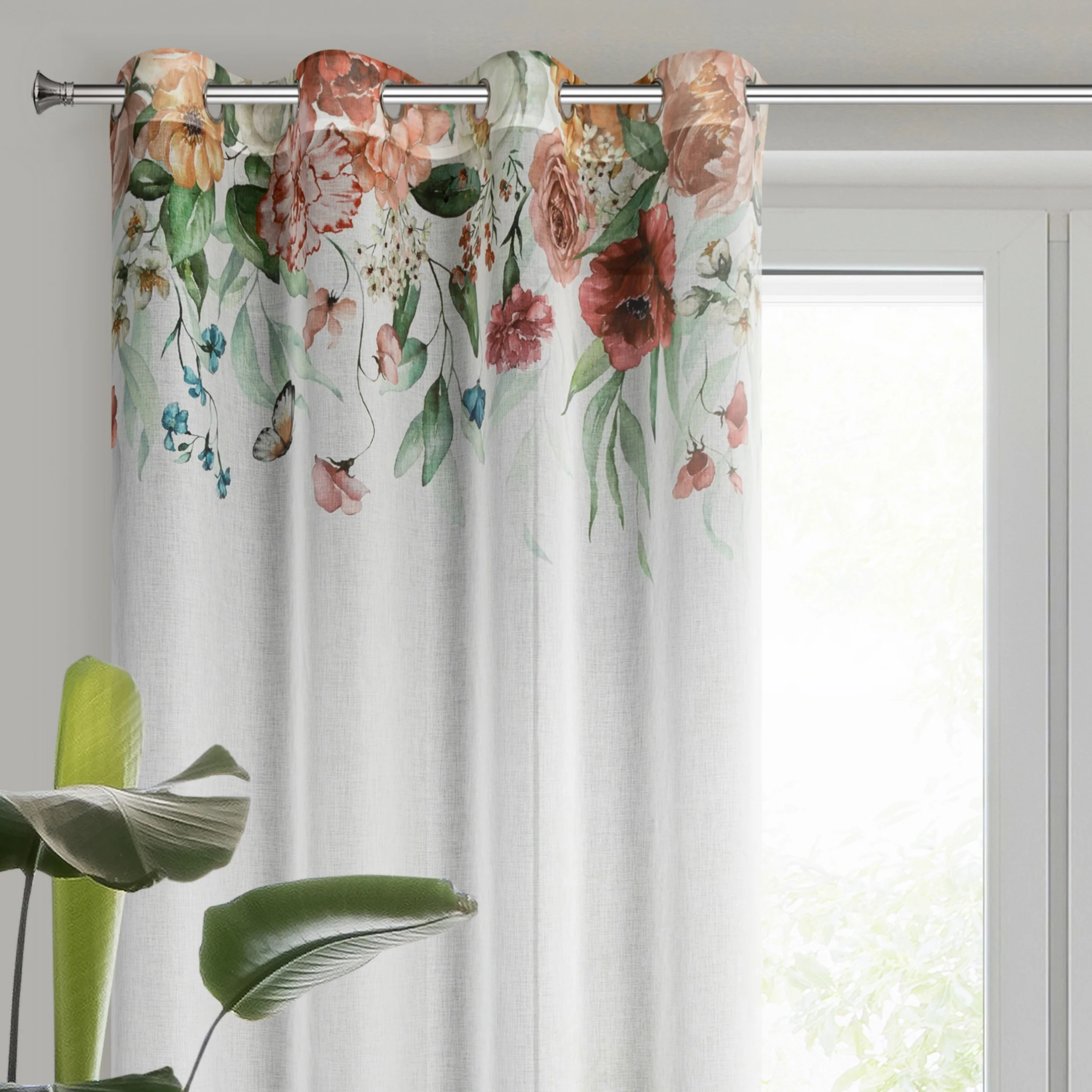 Zasłona biało, ciemnoróżowa ze wzorem letnich kwiatów 140x250 cm przelotka - RISA | eurofirany