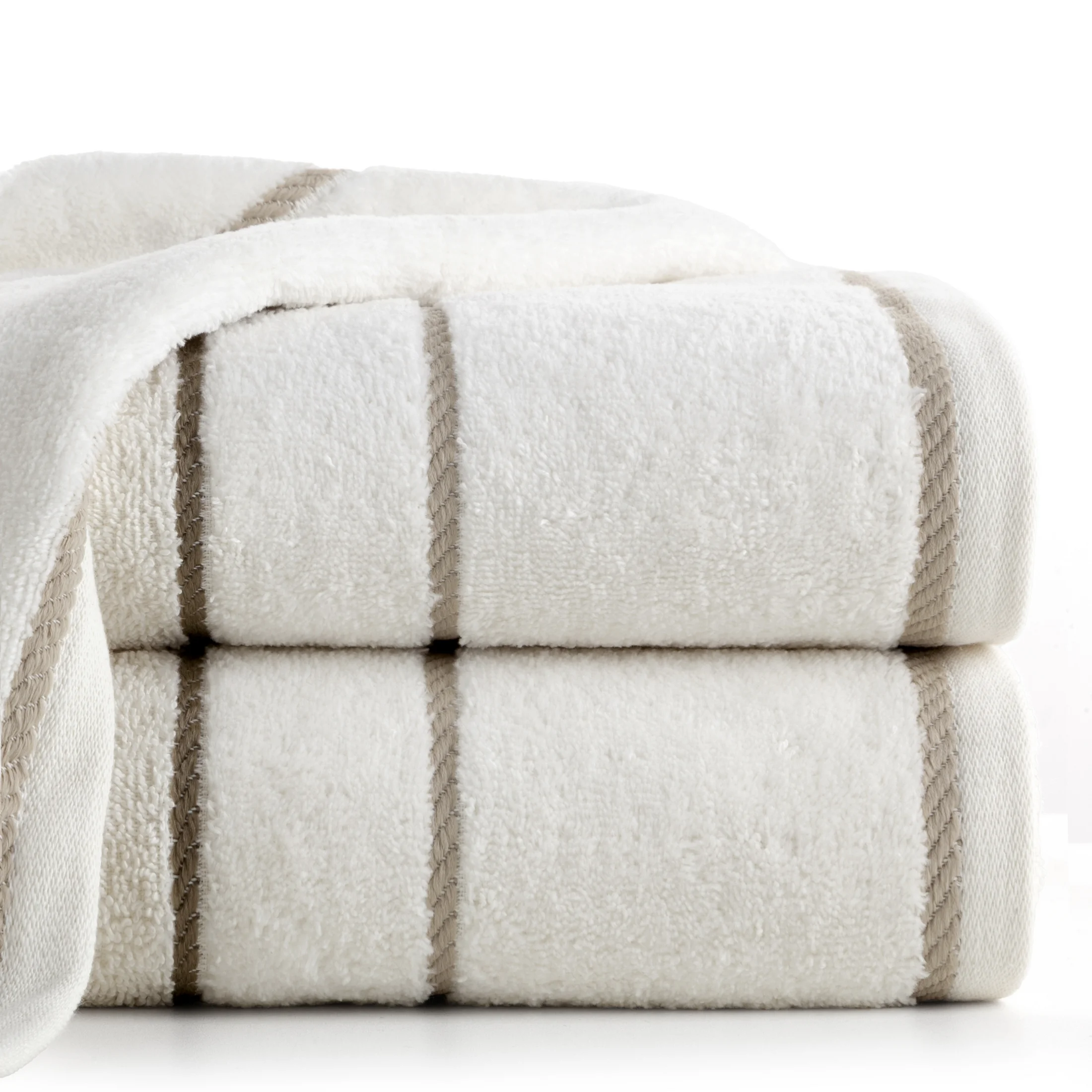 Ręcznik kąpielowy 70x140 cm bawełniany kolor kremowy z welwetową bordiurą i kontrastującymi paseczkami 500 g/m2 NEL