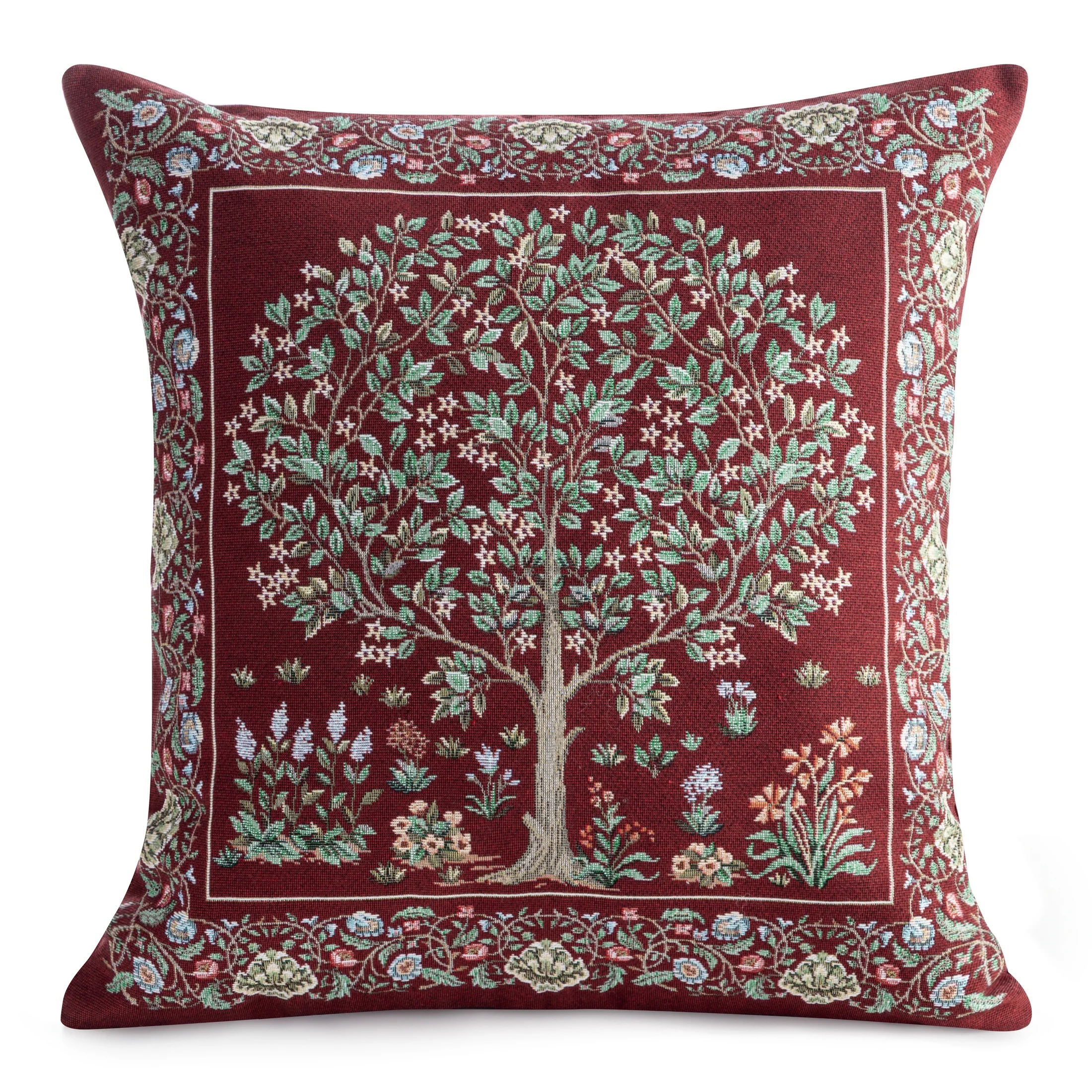 Poszewka na poduszkę 45x45 cm gobelinowa kolor czerwony zdobiona tkanym motywem drzewka szczęścia | eurofirany