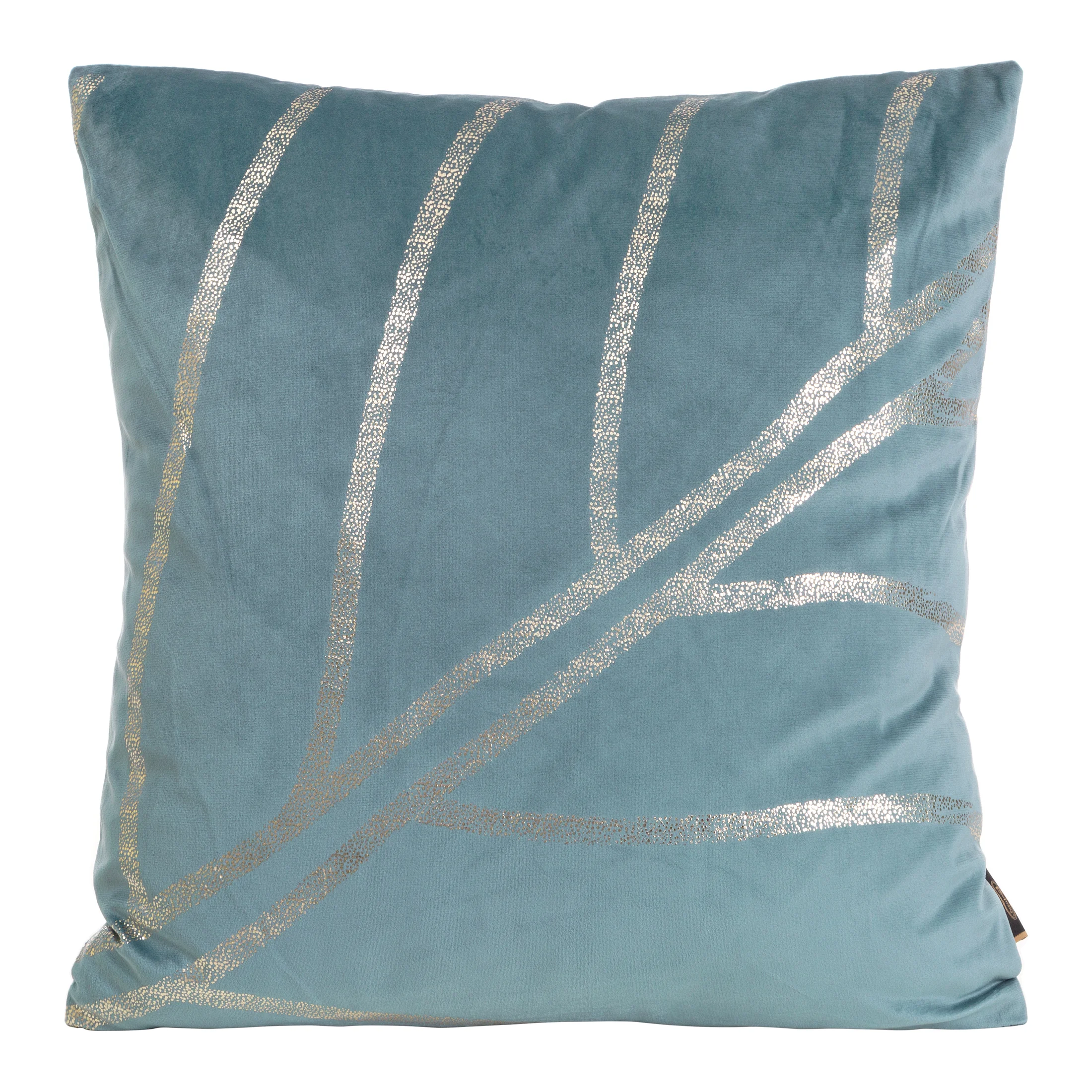 Poszewka na poduszkę 45x45 cm welwetowa niebieska z błyszczącym nadrukiem liści BLINK 38 | eurofirany