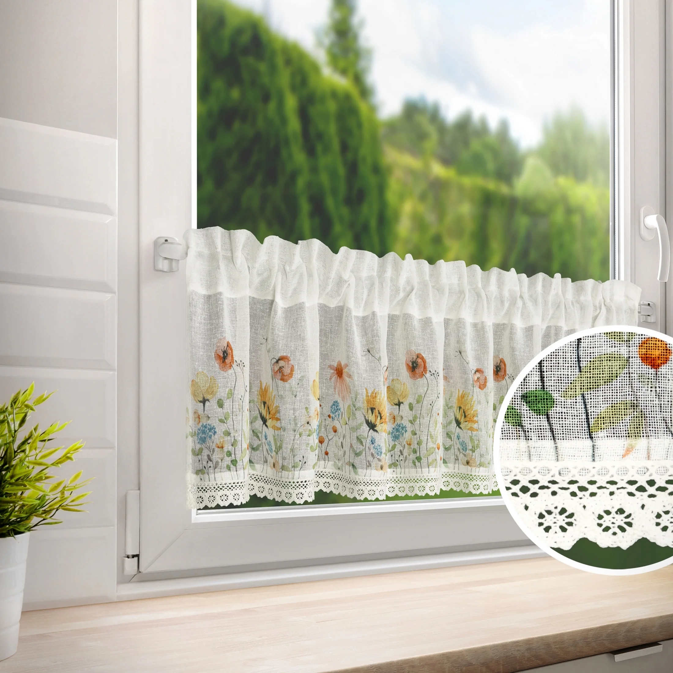 Zazdrostka biało, czerwona z etaminy zdobiona nadrukiem kwiatów i koronką 150x30 cm tunel NATI