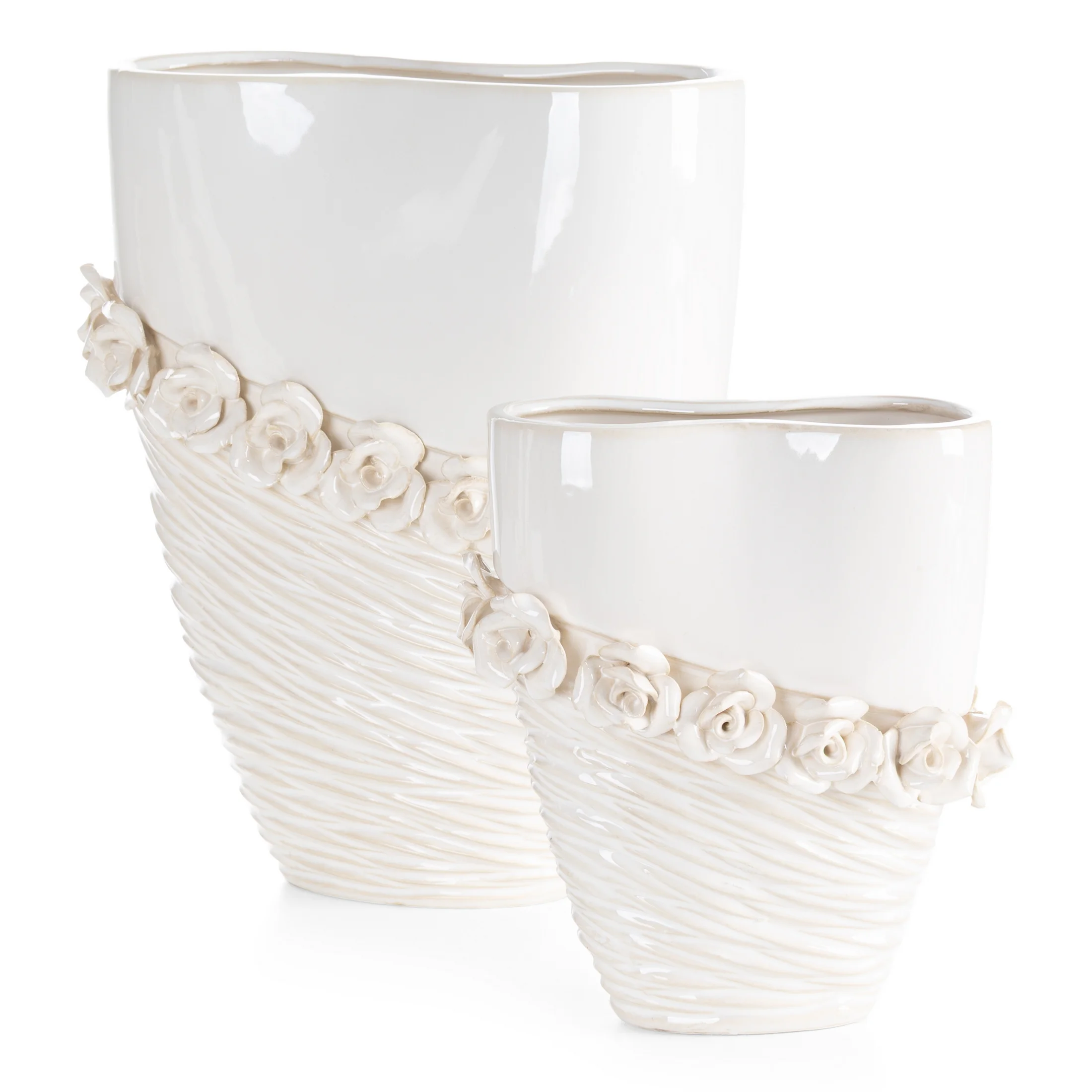 Wazon dekoracyjny kremowy zdobiony kwiatami 3D 18x9x23 cm ELIANA