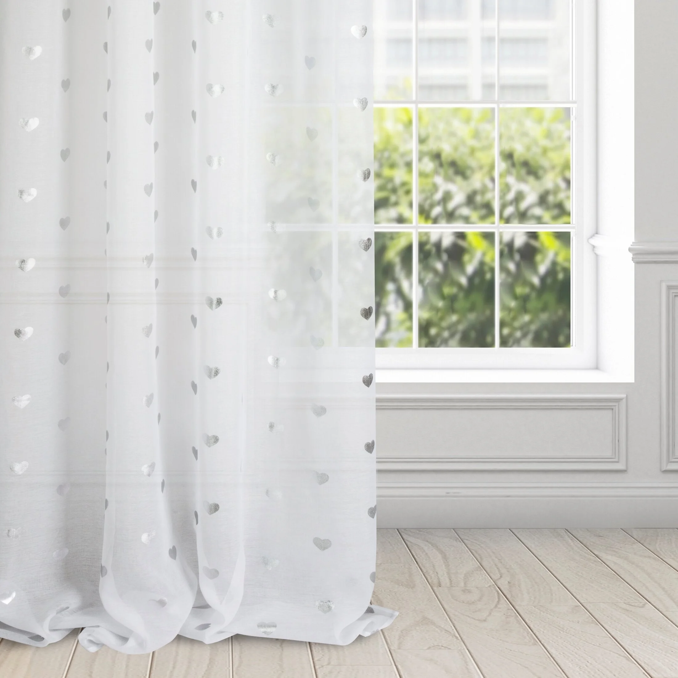 Firana biało, srebrzysta z nadrukowanymi serc 140x250 cm przelotka BENAY | eurofirany