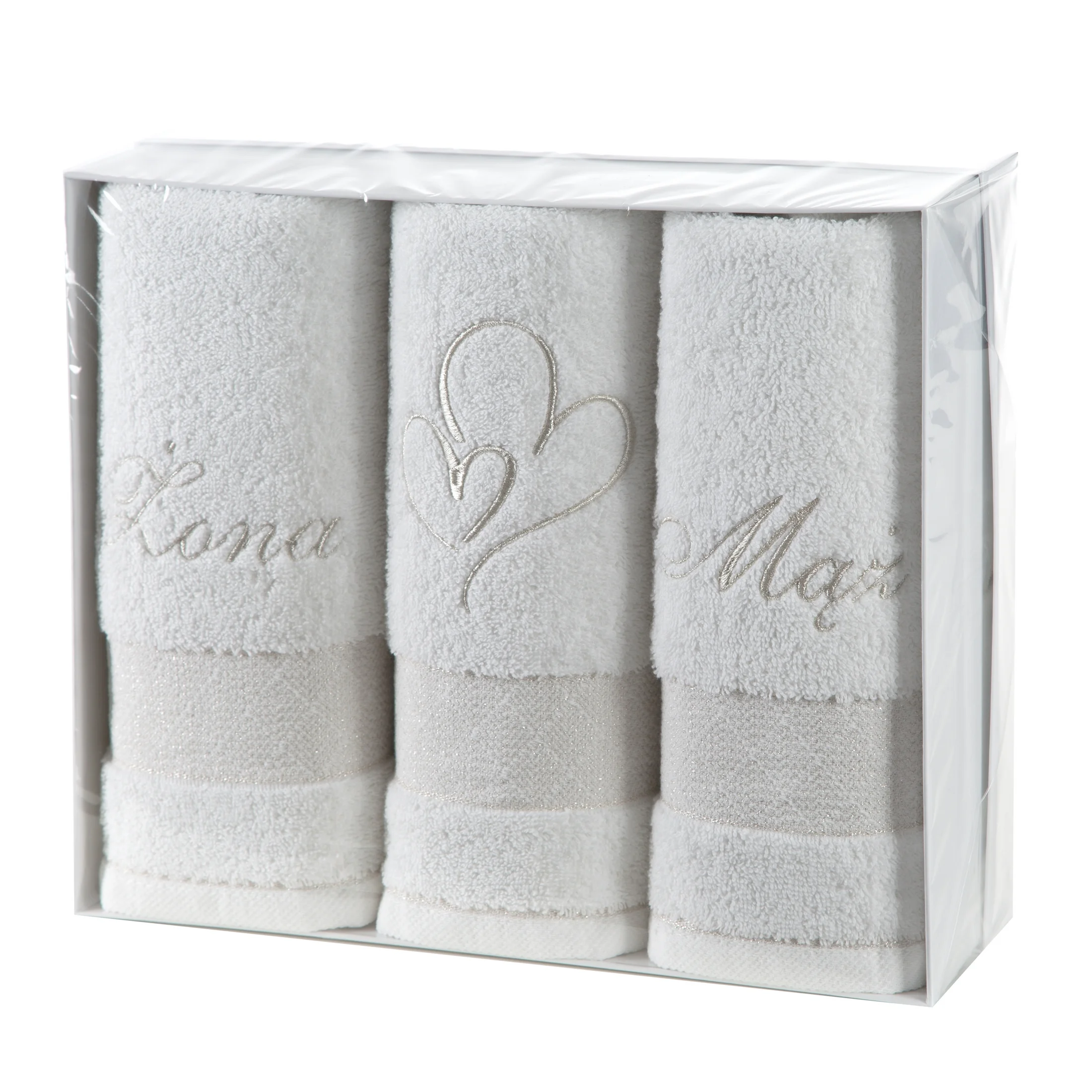 Zestaw ręczników bawełnianych na prezent 3 szt 50x90 cm kolor biały z haftem ŻONA MĄŻ