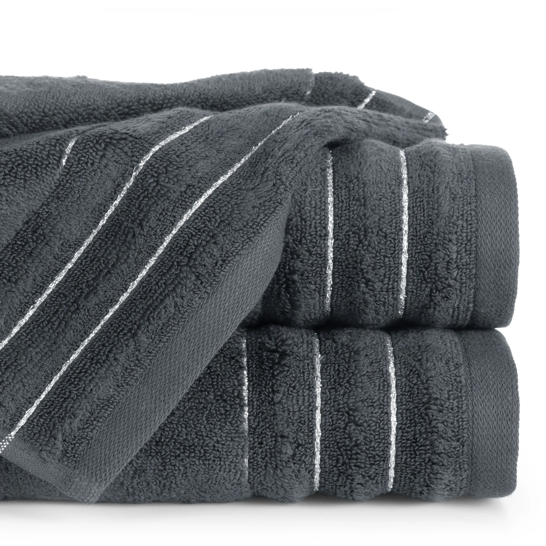 Ręcznik do rąk 30x50 cm bawełniany kolor stalowy zdobiony prążkami z błyszczącej nici 500 g/m2 LUNARI