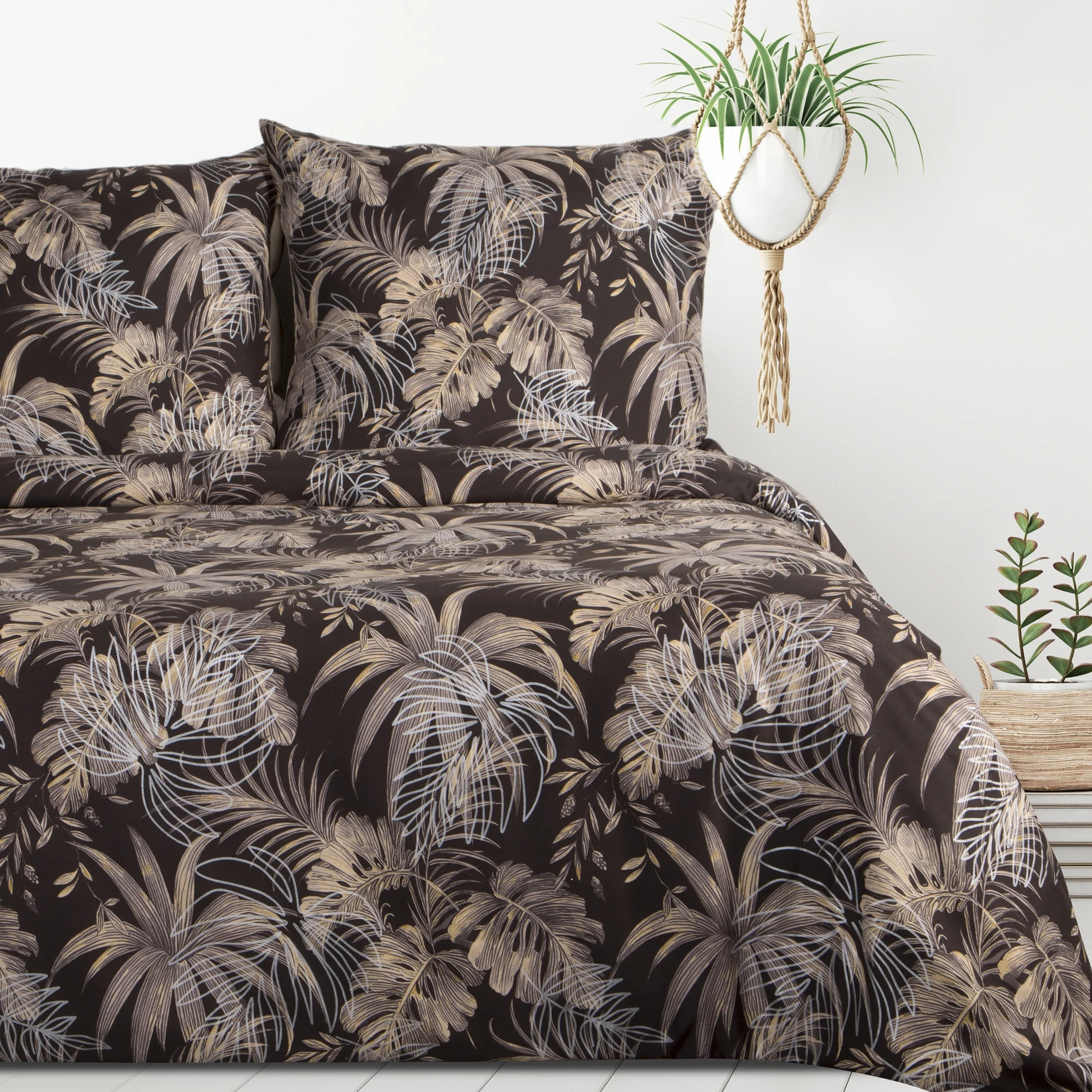 Pościel 140x200 cm z mikrofibry kolor ciemnobrązowy, beżowy z nadrukiem egzotycznych liści RODOS Design 91 | eurofirany