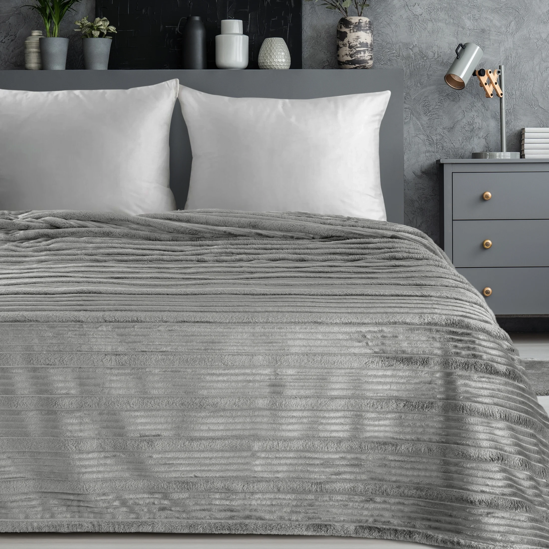 Koc 200x220 cm szary, typu flano z wzorem 3D NINA