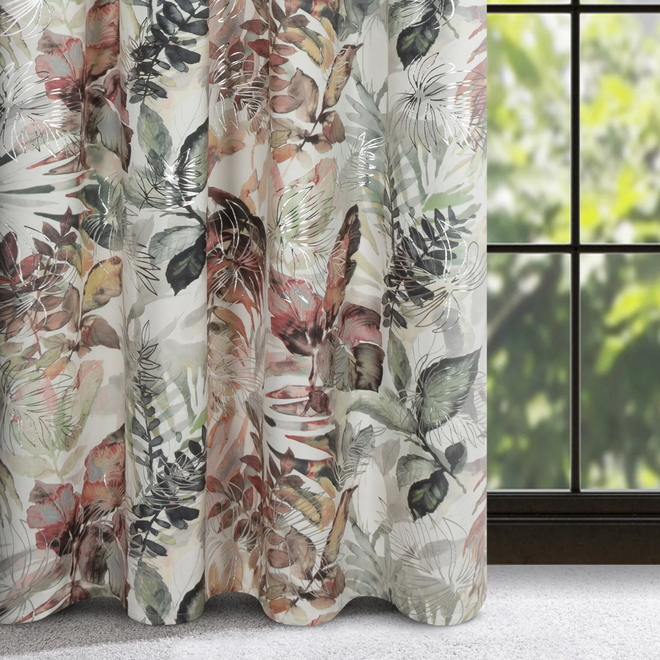 Zasłona biało, ruda z botanicznym nadrukiem z welwetu 140x270 cm taśma ARINA | eurofirany