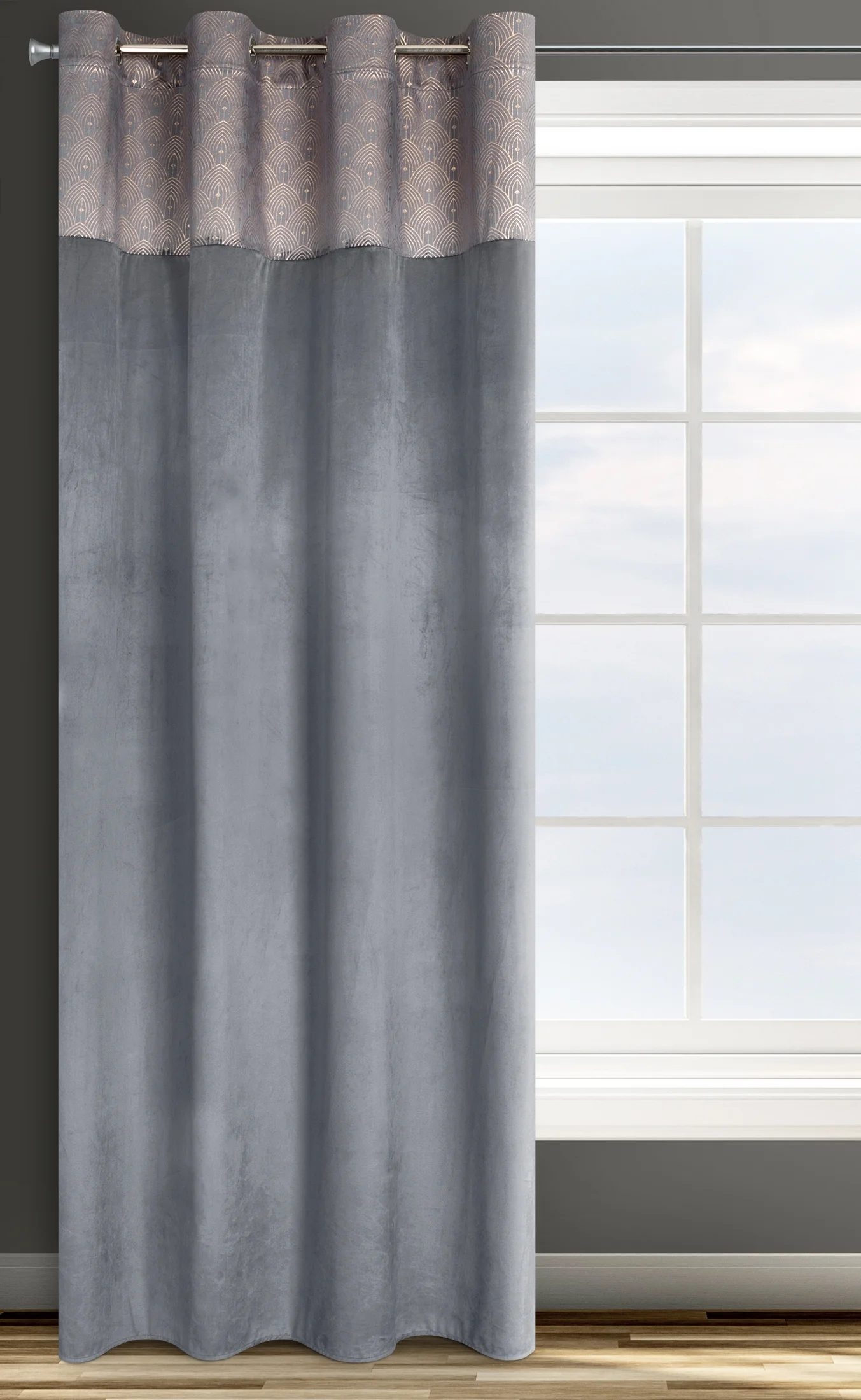 Zasłona grafitowa z aplikacją z błyszczącego welwetu 140x250 cm przelotka - AGNES - Design 91