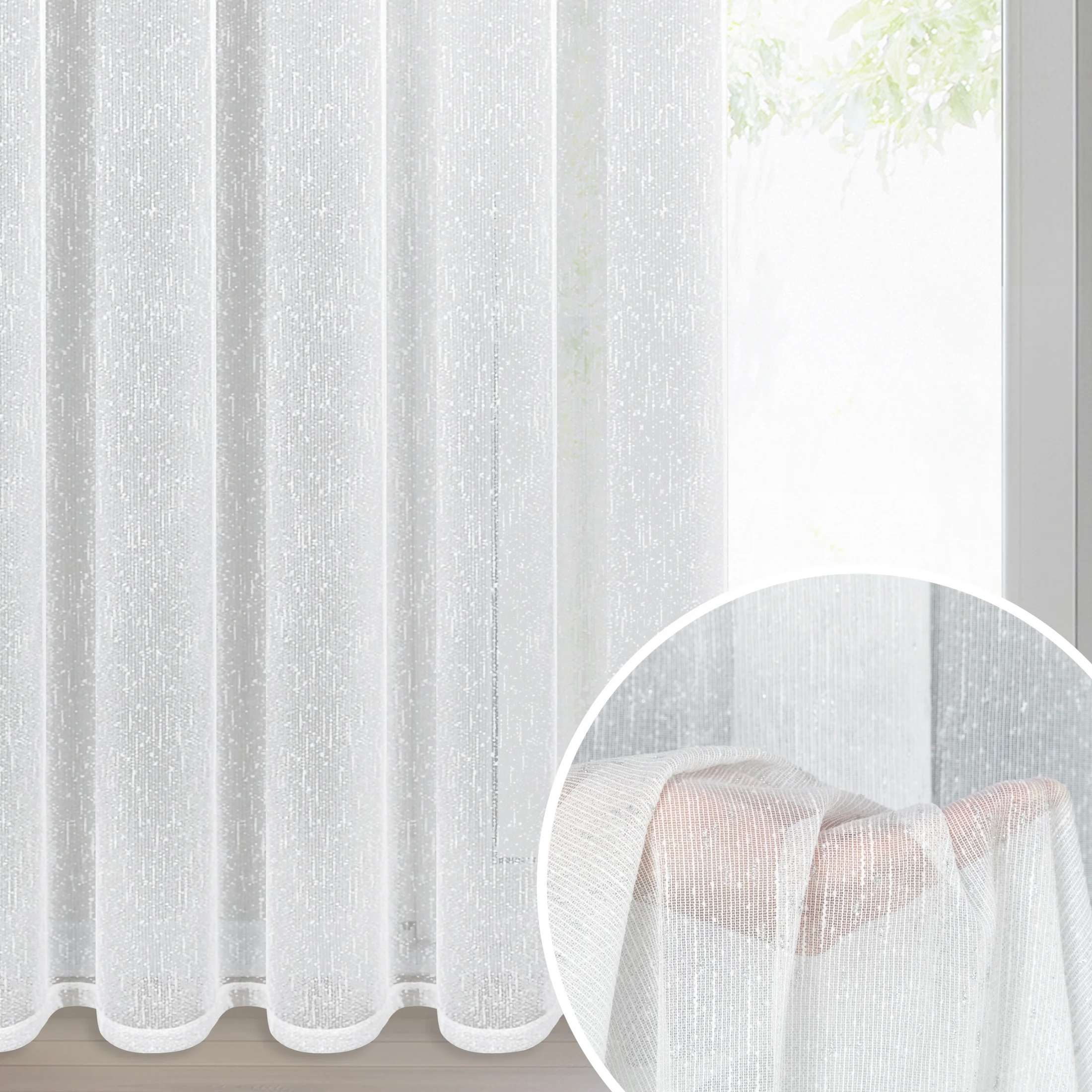 Firana biało, srebrna o strukturze drobnego deszczyku przetykana srebrną nicią 140x270 cm taśma KELLY | eurofirany