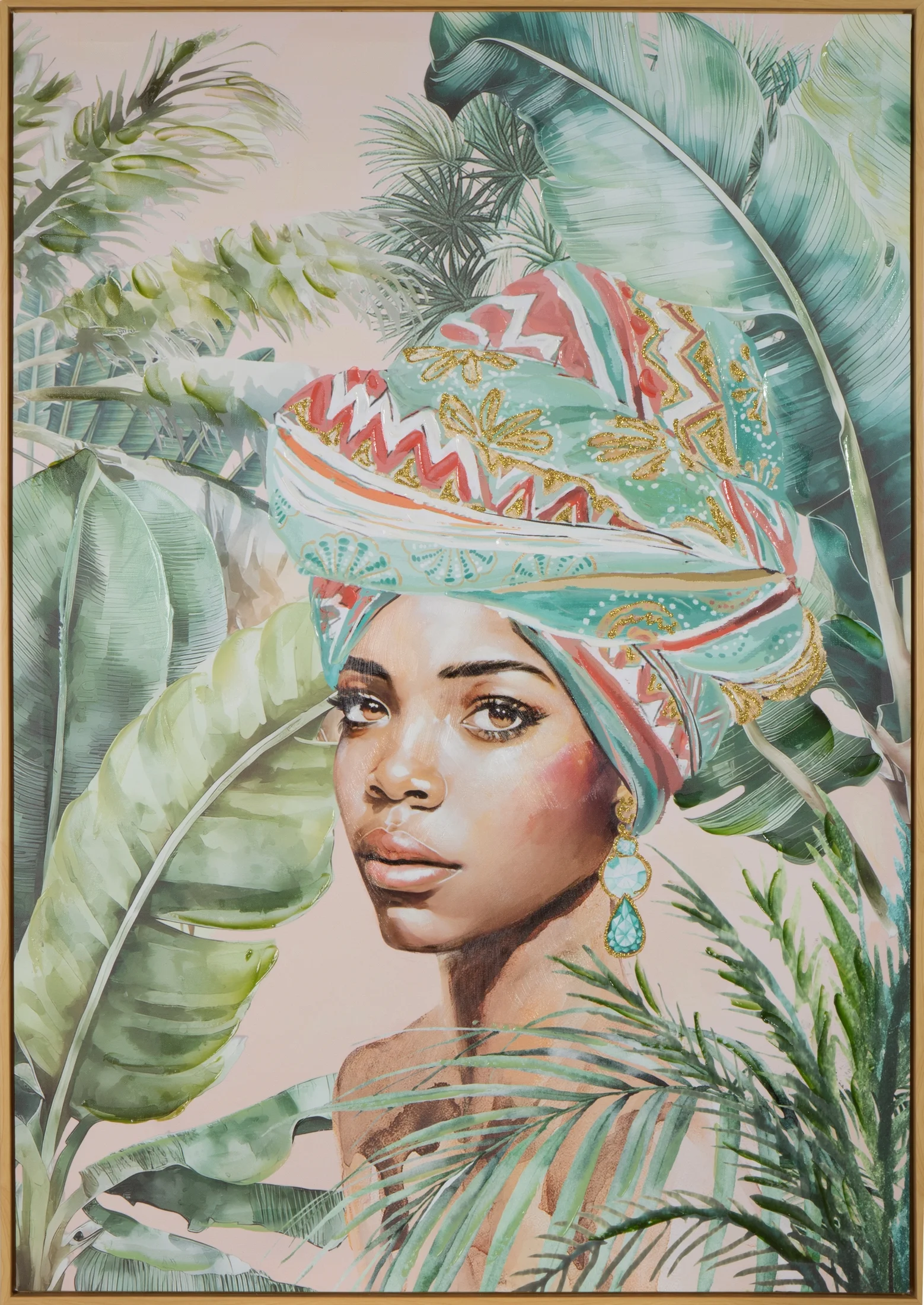 Obraz ETNO 4 ręcznie malowany na płótnie egzotyczny portret kobiety, w brązowej ramie | eurofirany