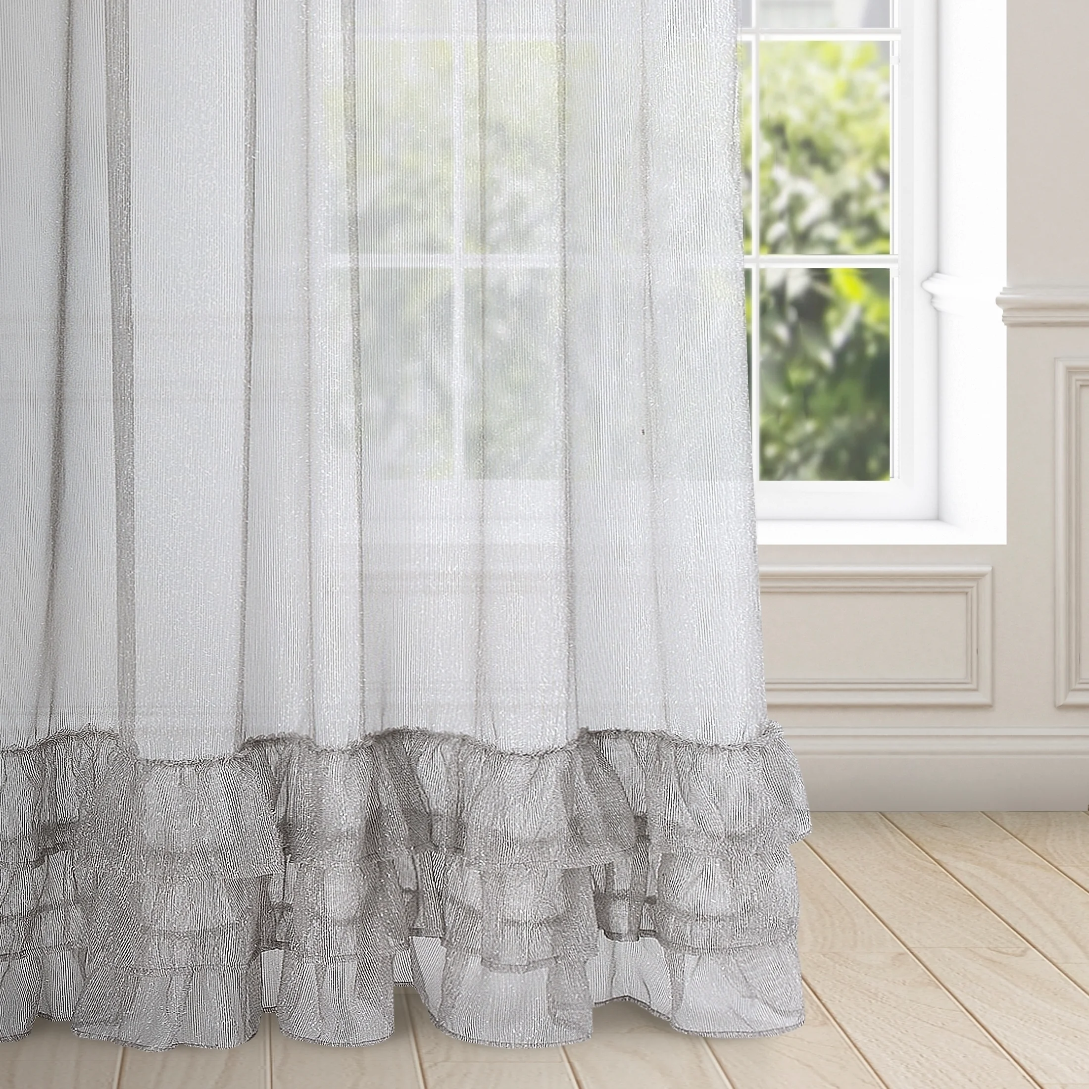 Firana szara z puszystą nicią i falbanami 140x270 cm taśma RAJA | eurofirany