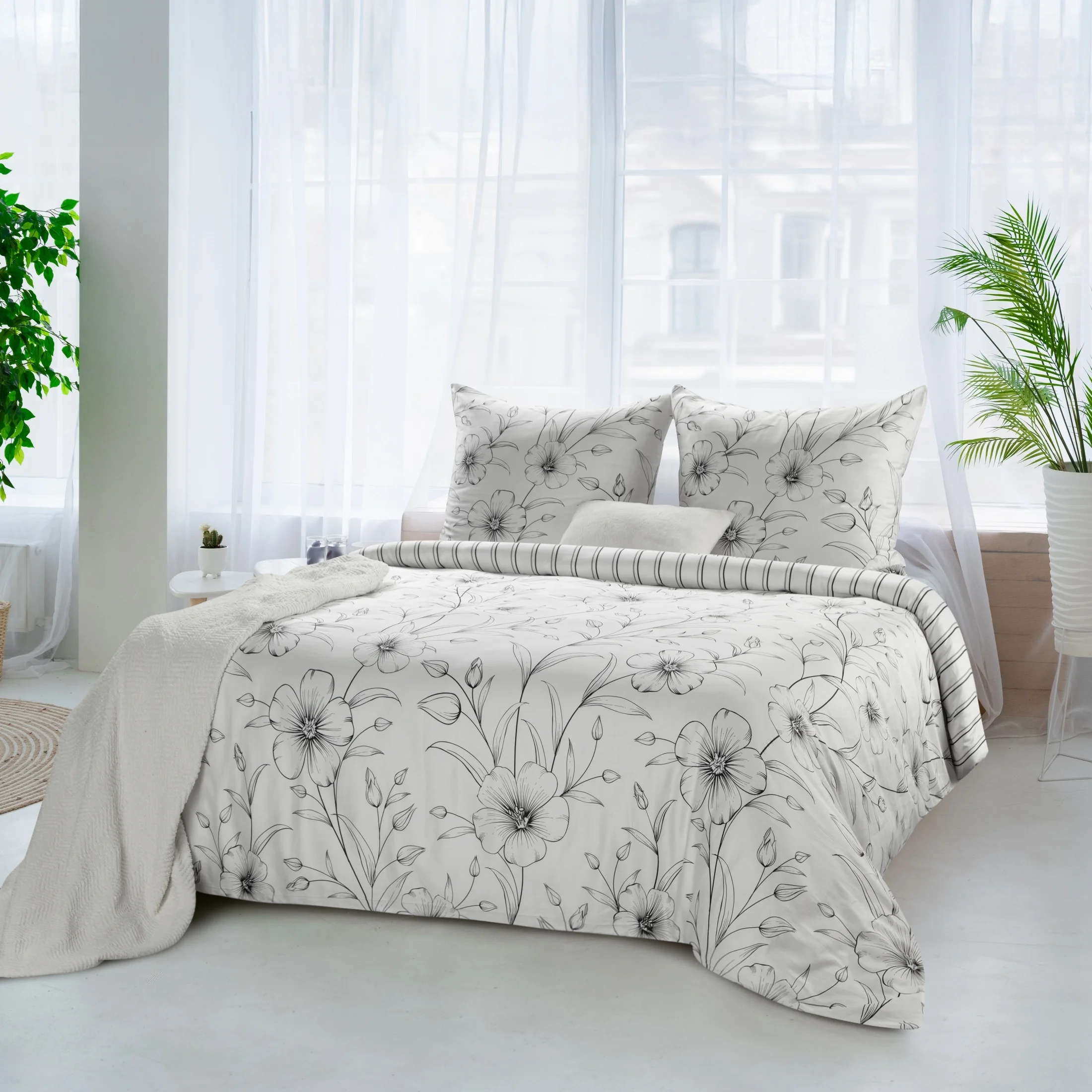 Pościel 140x200 cm bawełniana kolor biały, czarny z subtelnym wzorem kwiatowym SPRING 33 | eurofirany