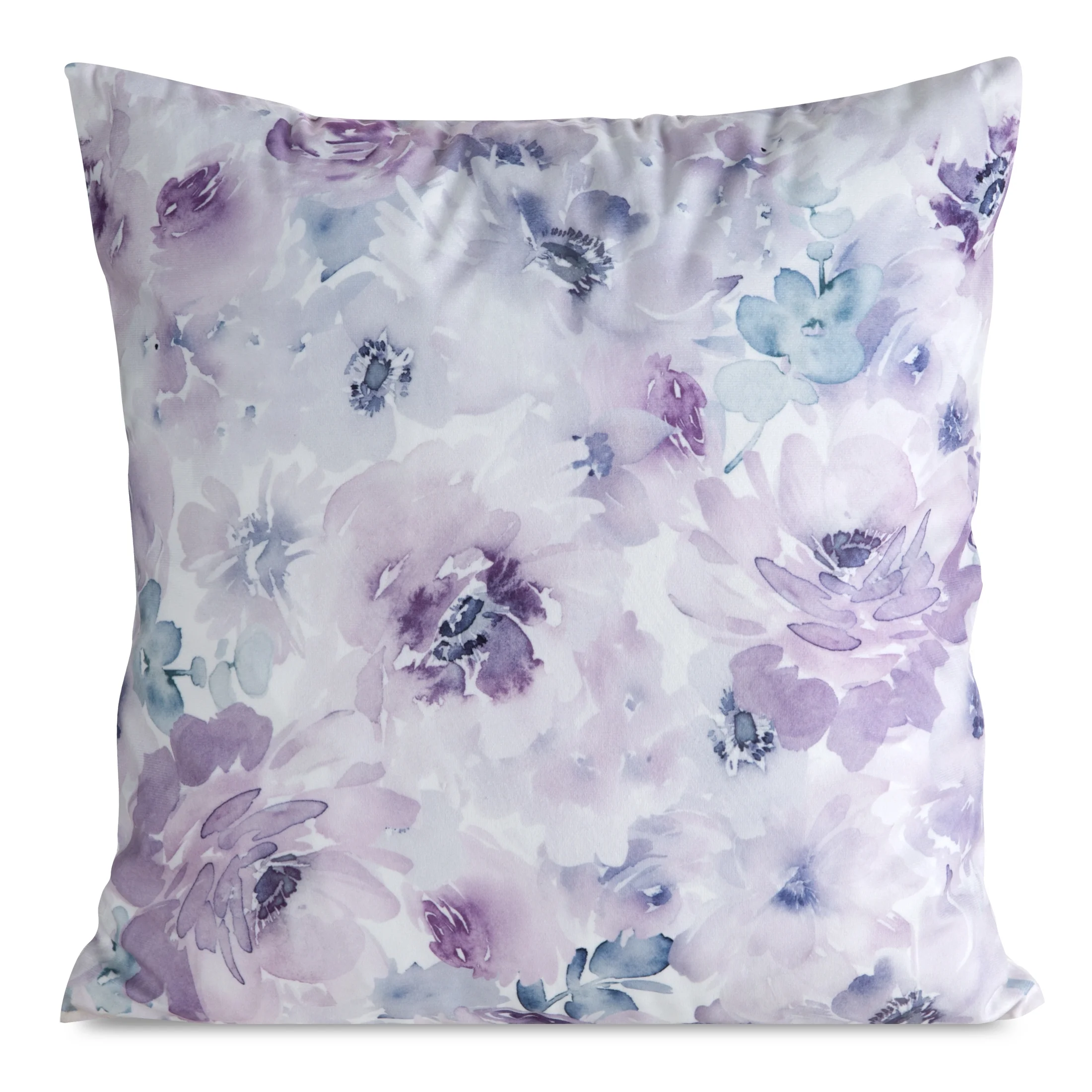 Poszewka na poduszkę 45x45 cm welwetowa biało, fioletowa zdobiona nadrukiem letnich kwiatów MINK | eurofirany