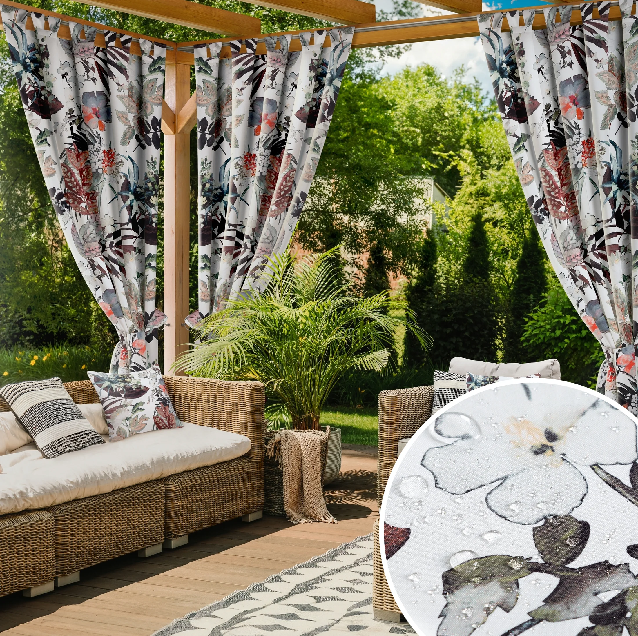 Zasłona biało, pomarańczowa z wodoodpornej tkaniny idealna do ogrodu i na taras 155x240 cm szelki/rzep - GARDEN | eurofirany