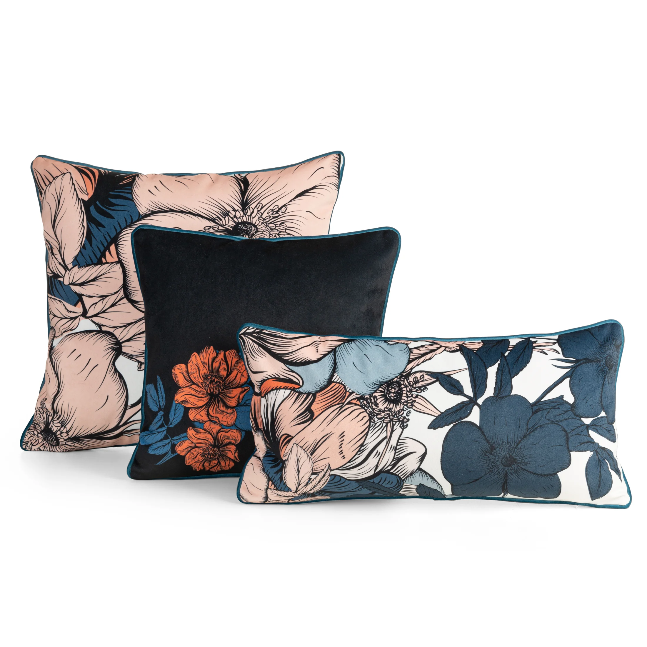 Poszewka na poduszkę dwustronna 60x60 cm welwetowa, różowo granatowa z kwiatowym nadrukiem i wypustką na brzegach EMMA Eurofirany Premium