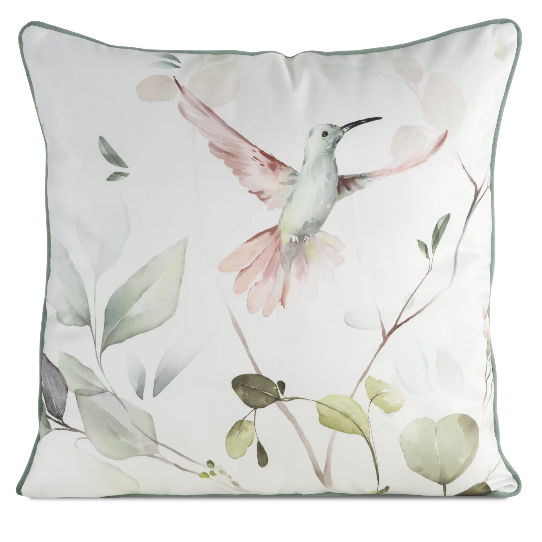 Poszewka na poduszkę dwustronna 60x60 cm welwetowa, biało zielona z motywem roślinnym z wypustką na brzegach INEZ Eurofirany Premium | eurofirany