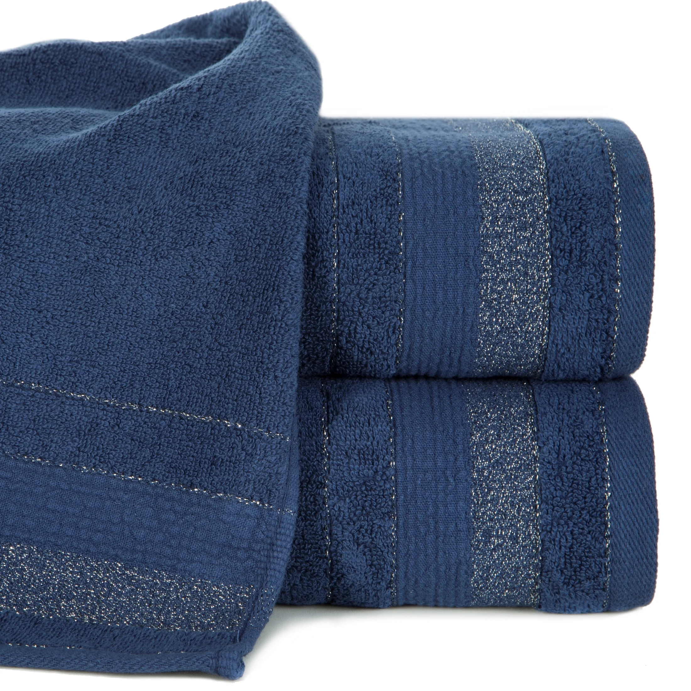 Ręcznik do rąk 30x50 cm bawełniany kolor granatowy w pasy przetykany błyszczącą nicią 500 g/m2 APRIL